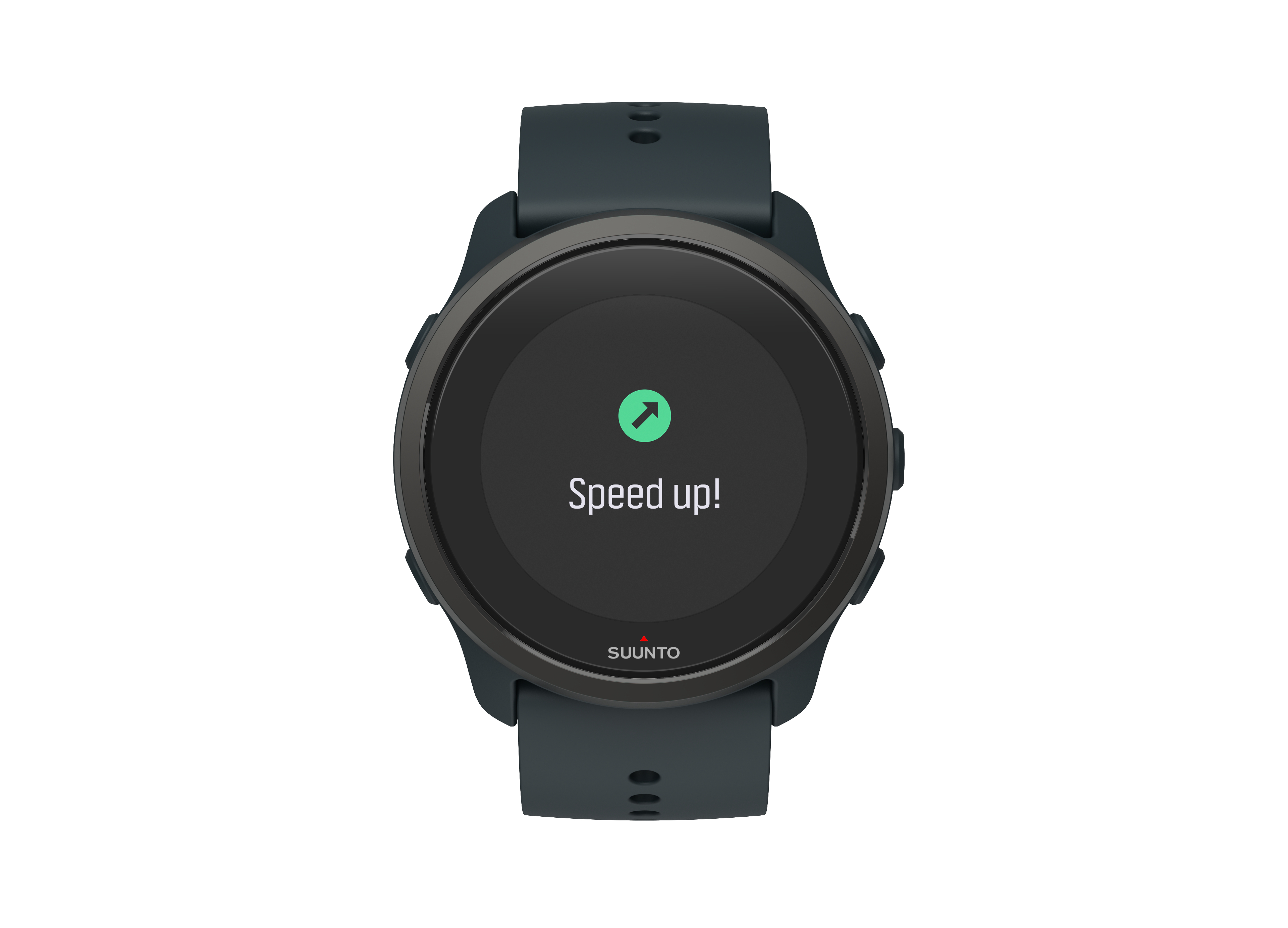Eine Suunto Smartwatch mit schwarzem Bildschirm, der 'Speed up!' und einen grünen Pfeil anzeigt.
