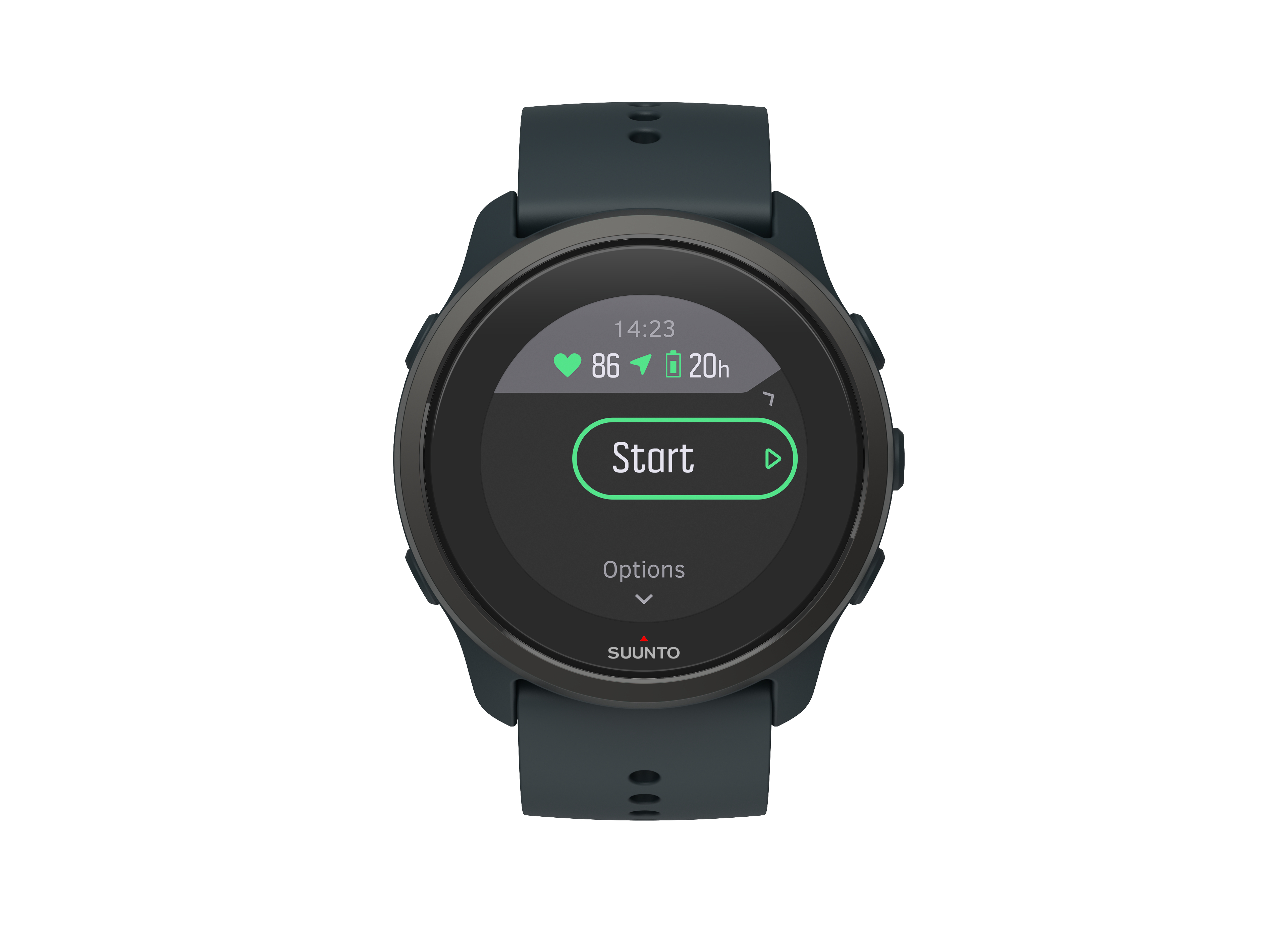 Eine Suunto Smartwatch zeigt Zeit, Herzfrequenz und Akkulaufzeit an. Ein Start-Knopf ist prominent.
