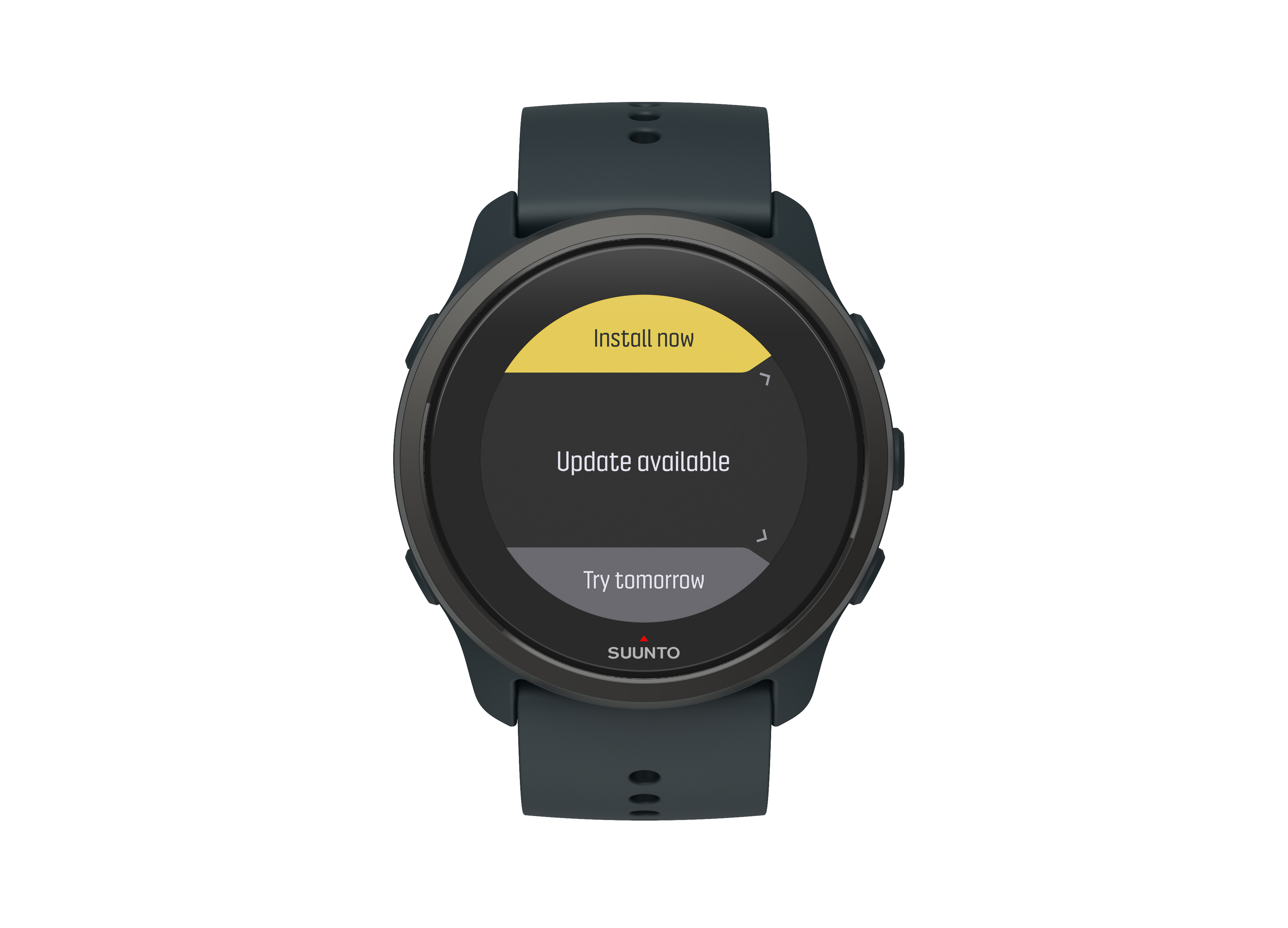 Eine Smartwatch mit einer Benachrichtigung über ein verfügbares Update. Das Display zeigt Optionen.