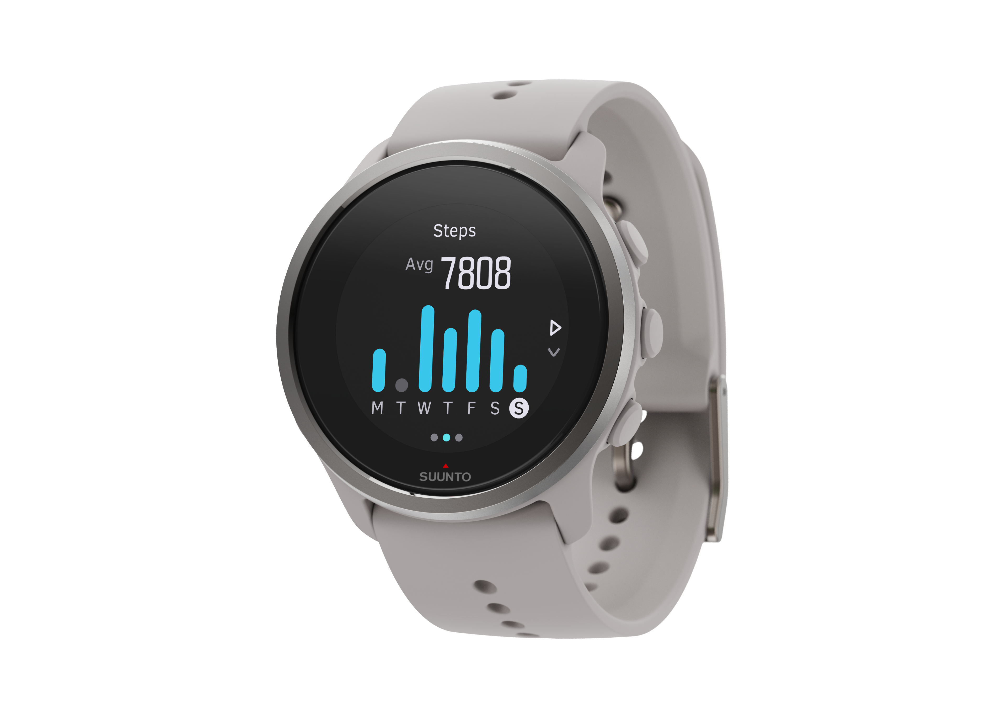 Eine graue Suunto Smartwatch, die Schritte, Zeit und ein Aktivitätsdiagramm anzeigt.