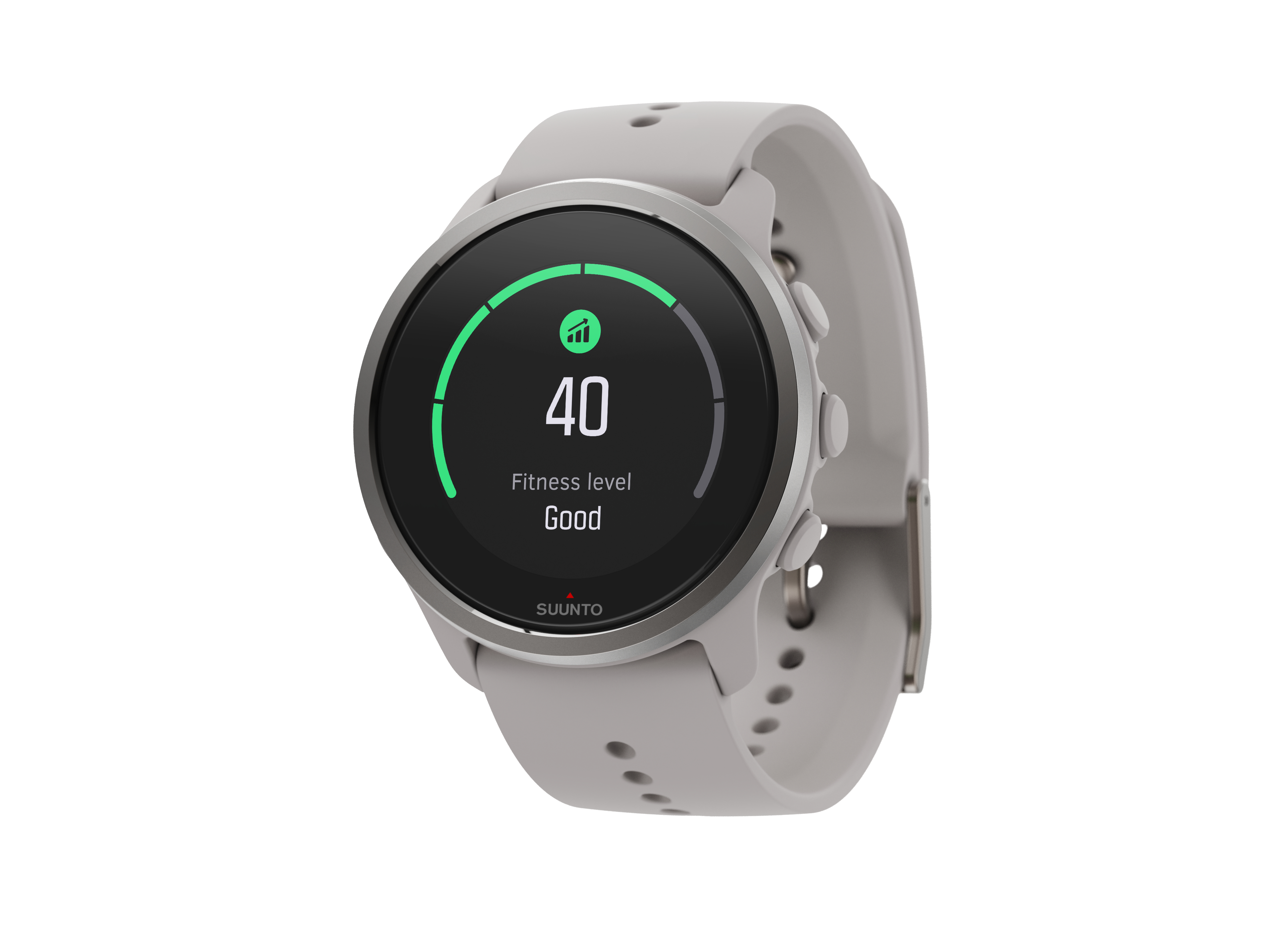 Graue Smartwatch zeigt ein Fitnesslevel von 40 an. Sie hat eine grüne Fitnessanzeige.