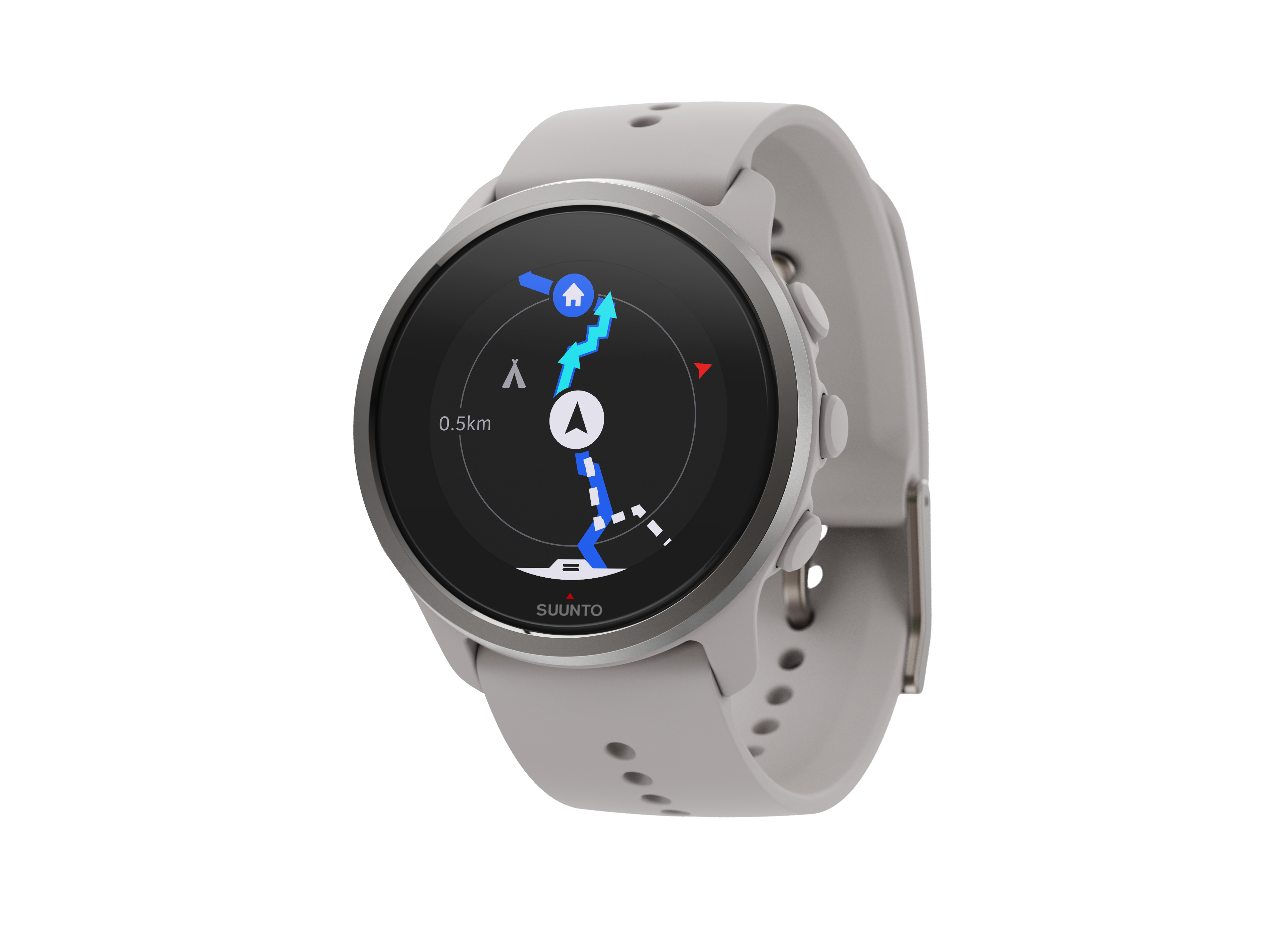 Suunto Sportuhr. Grau mit Karte auf dem Bildschirm. Weißer Hintergrund.
