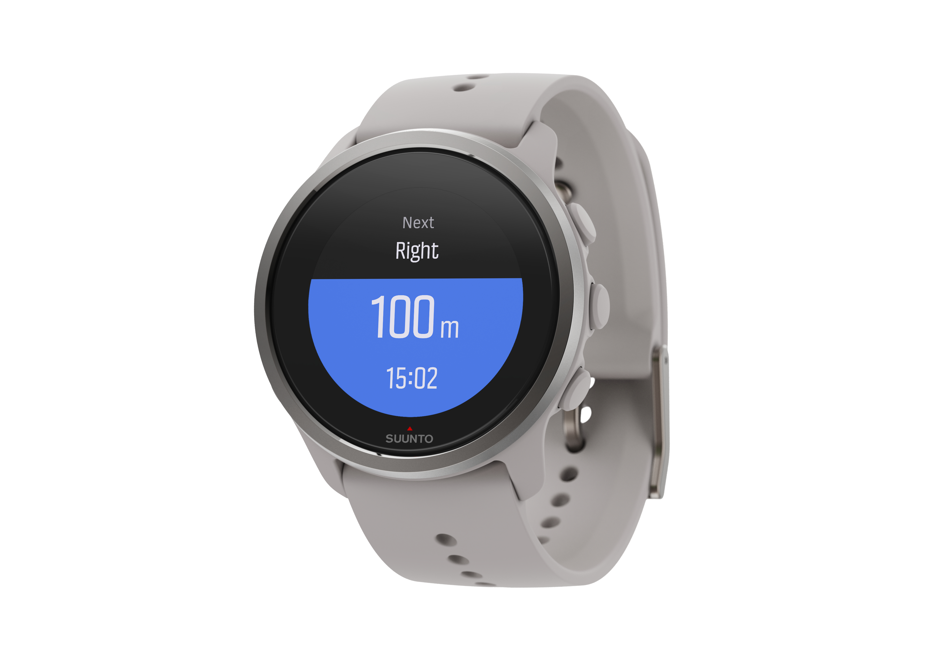 Graue Suunto-Uhr zeigt Richtungen, Distanz und Zeit vor weißem Hintergrund an.