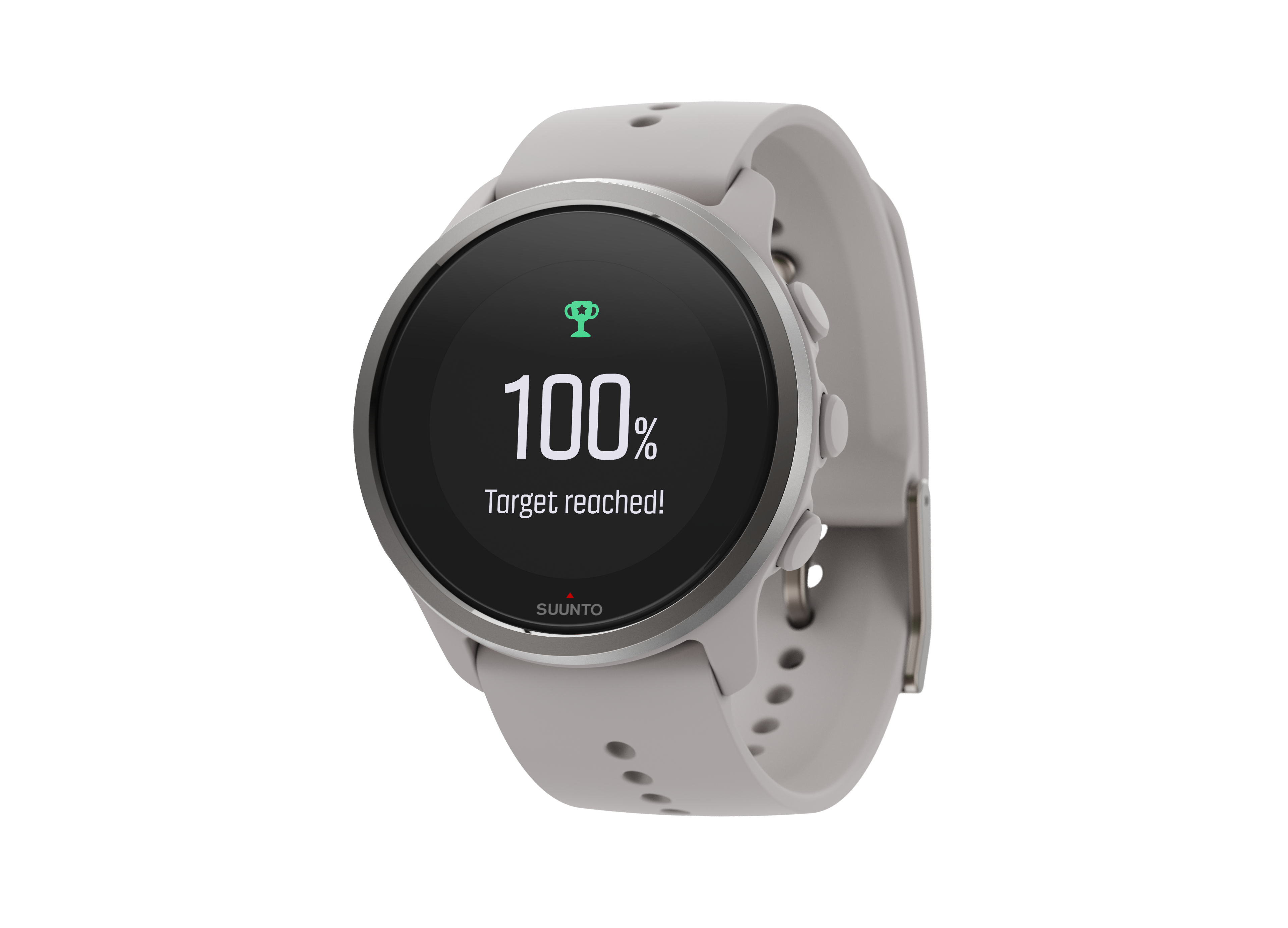 Eine graue Suunto Smartwatch zeigt 100% Ziel erreicht, mit Trophäensymbol, auf weißem Hintergrund.