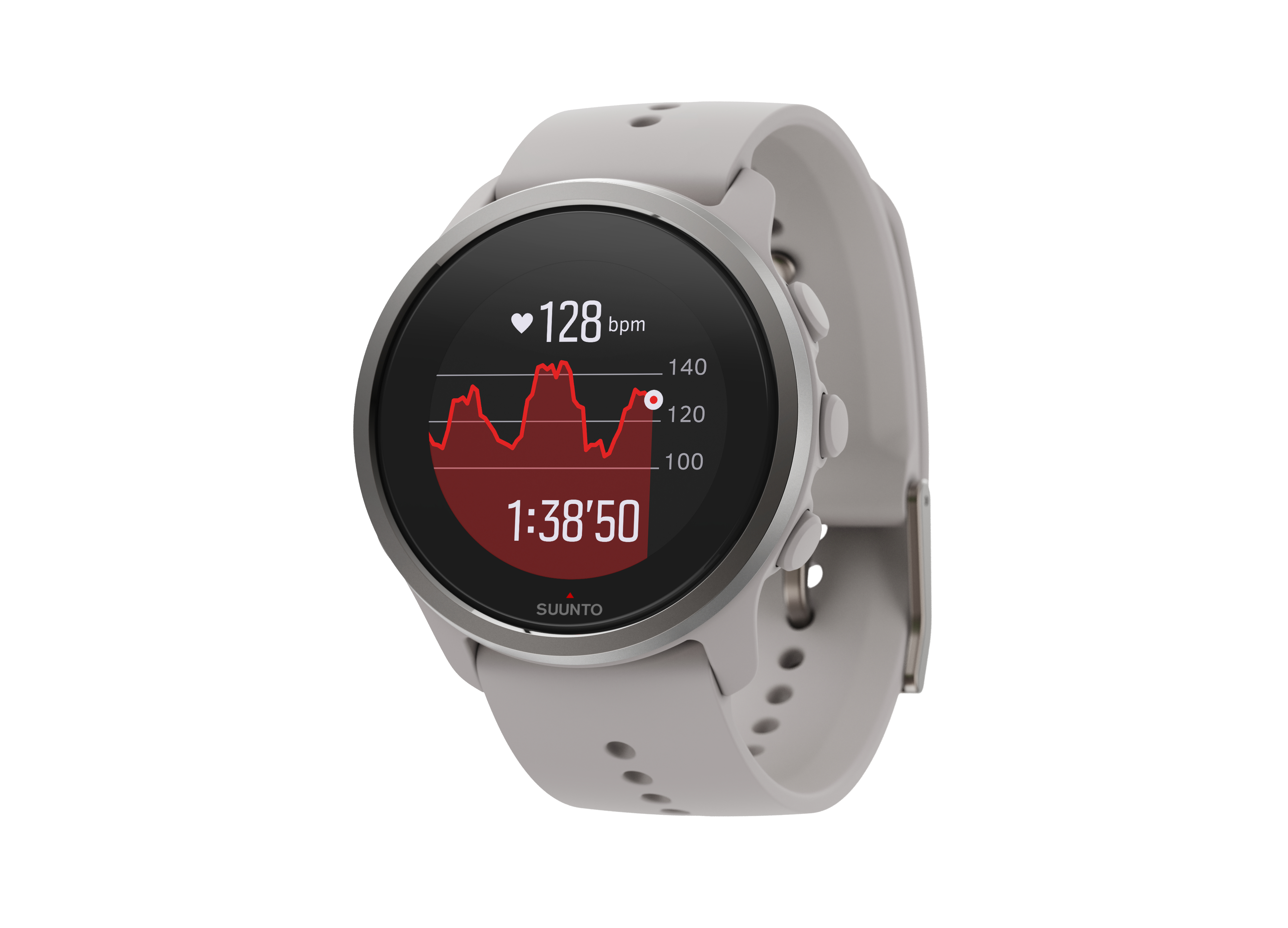 Graue Suunto Smartwatch. Herzfrequenz und Zeit auf dem Bildschirm. Hellgraues Armband. Weißer Hintergrund.