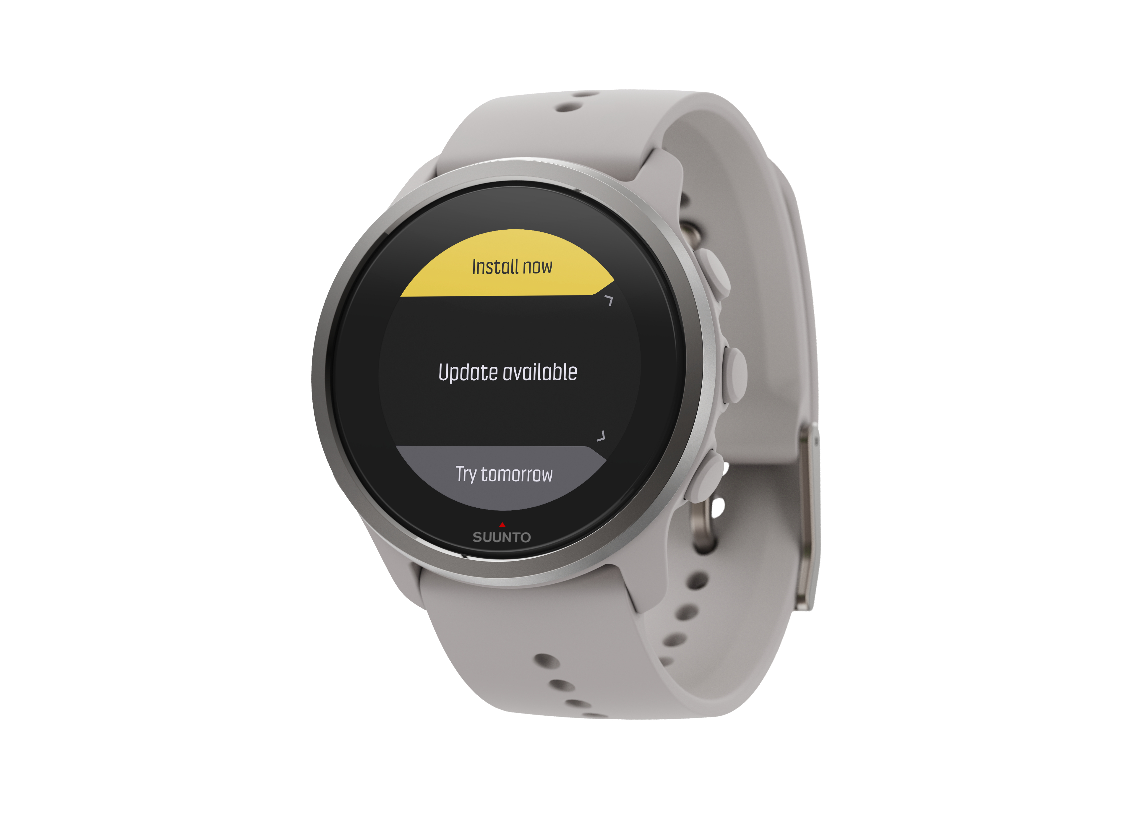 Graue Smartwatch mit schwarzem Bildschirm, der eine Update-Meldung anzeigt. Weißer Hintergrund.