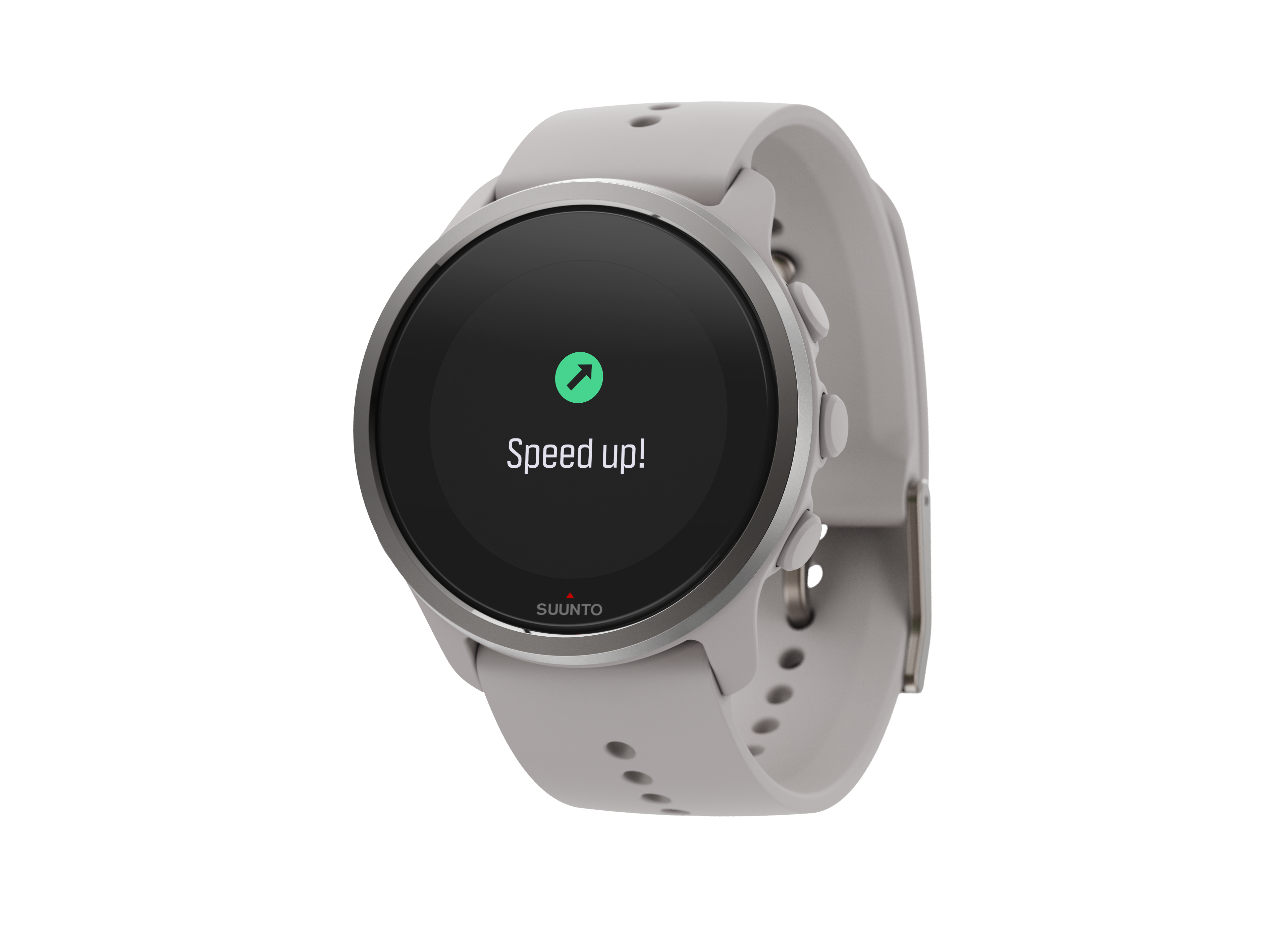Eine graue Suunto Smartwatch. Der Bildschirm zeigt 'Speed up!'. Die Uhr hat ein graues Armband.