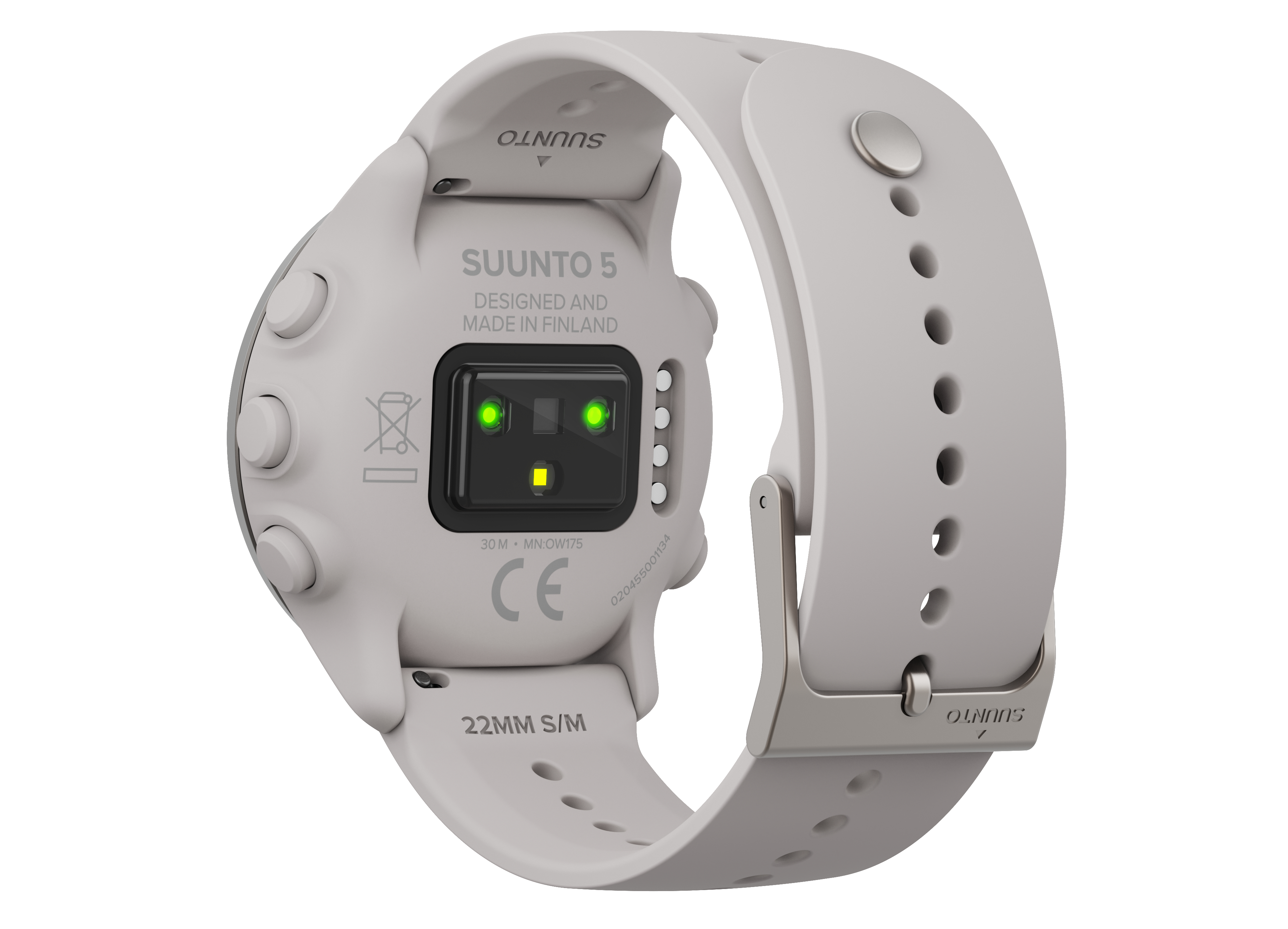 Eine Suunto 5 GPS-Uhr, Rückansicht. Sie zeigt einen Herzfrequenzsensor und das Suunto-Logo.