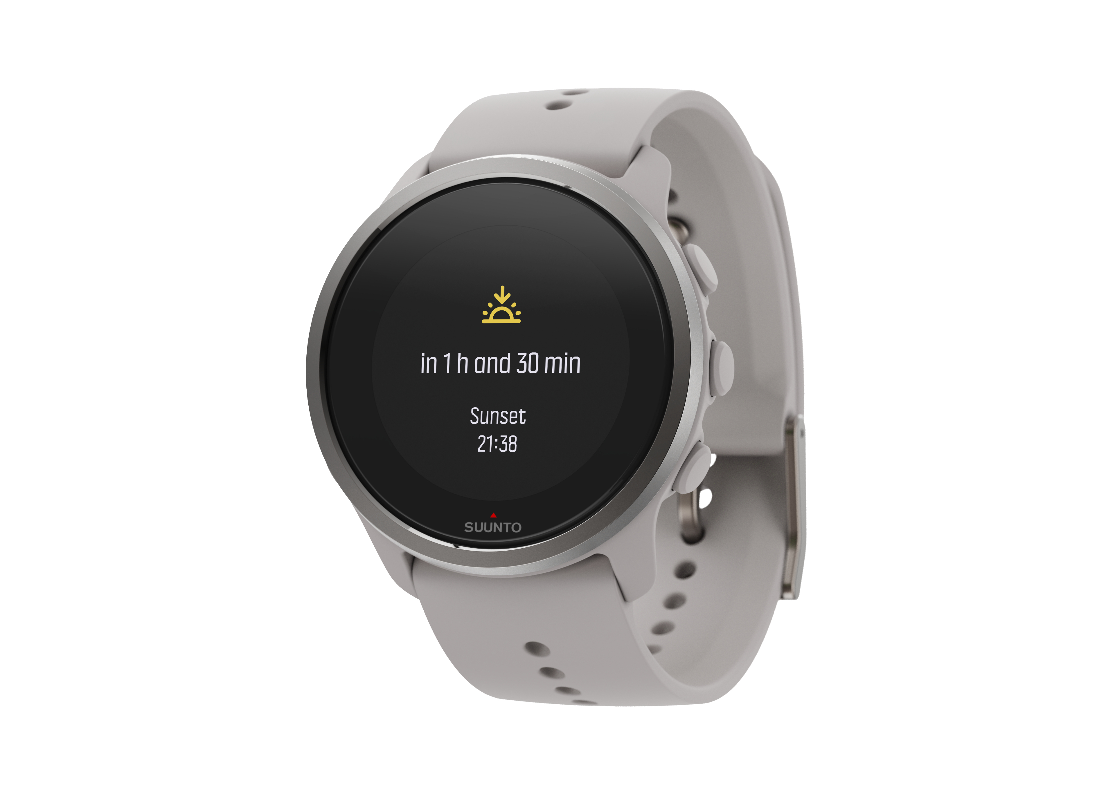 Graue Suunto Uhr zeigt Sonnenuntergangszeit. Zeigt in 1h 30min und Sonnenuntergangszeit.