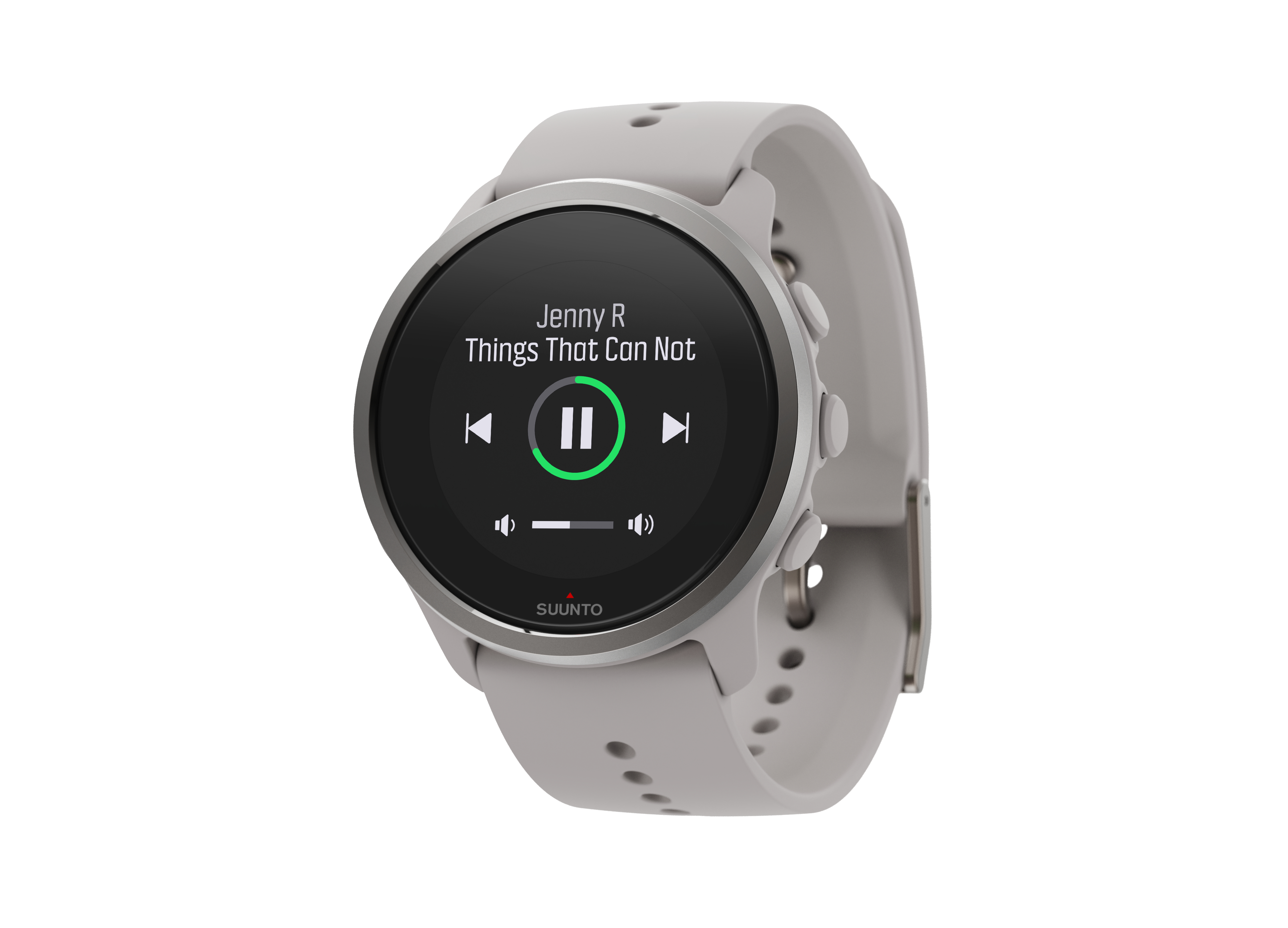 Graue Smartwatch mit schwarzem Bildschirm, der Musik abspielt. Die Uhr hat ein graues Armband.