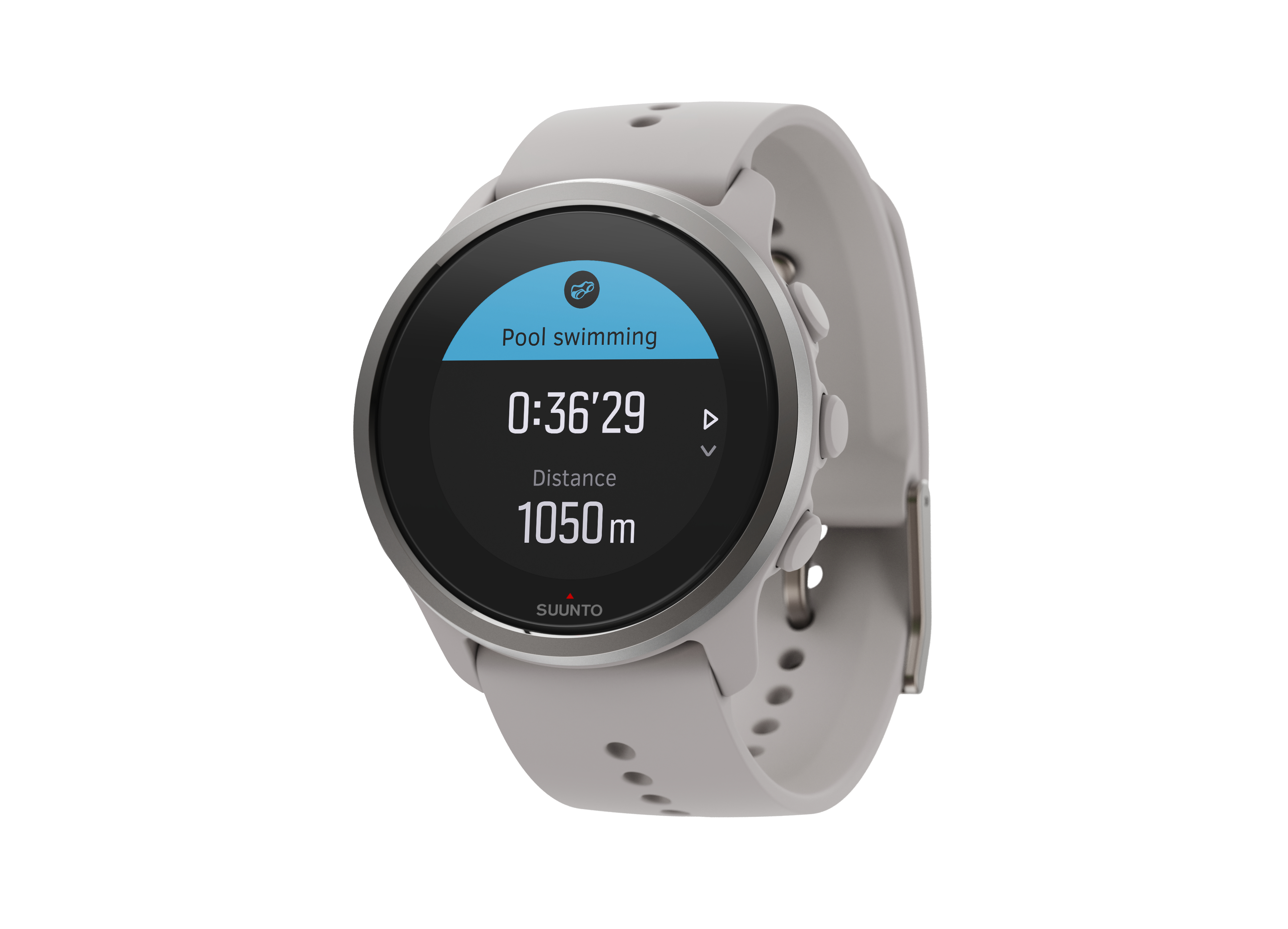Graue Suunto Smartwatch mit Schwimmmetriken. Zeigt Zeit und geschwommene Distanz an.