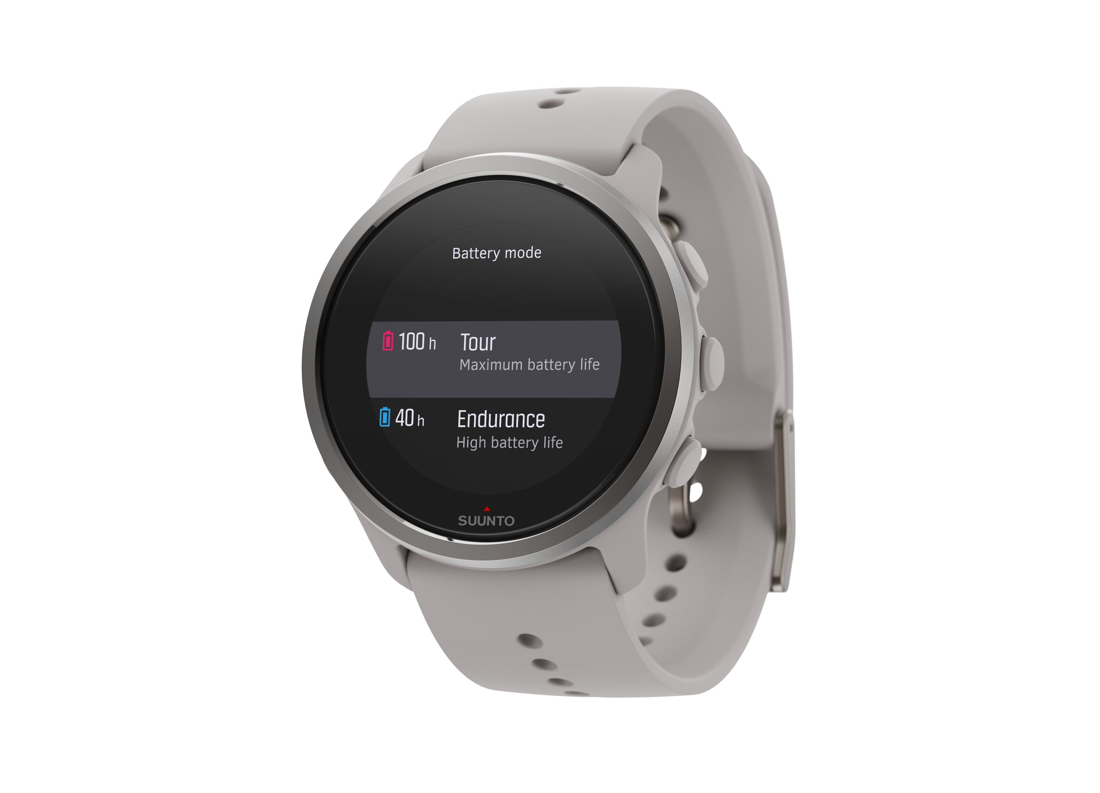 Graue Suunto-Uhr mit Batteriemodi. Die Uhr hat ein graues Armband und einen weißen Hintergrund.