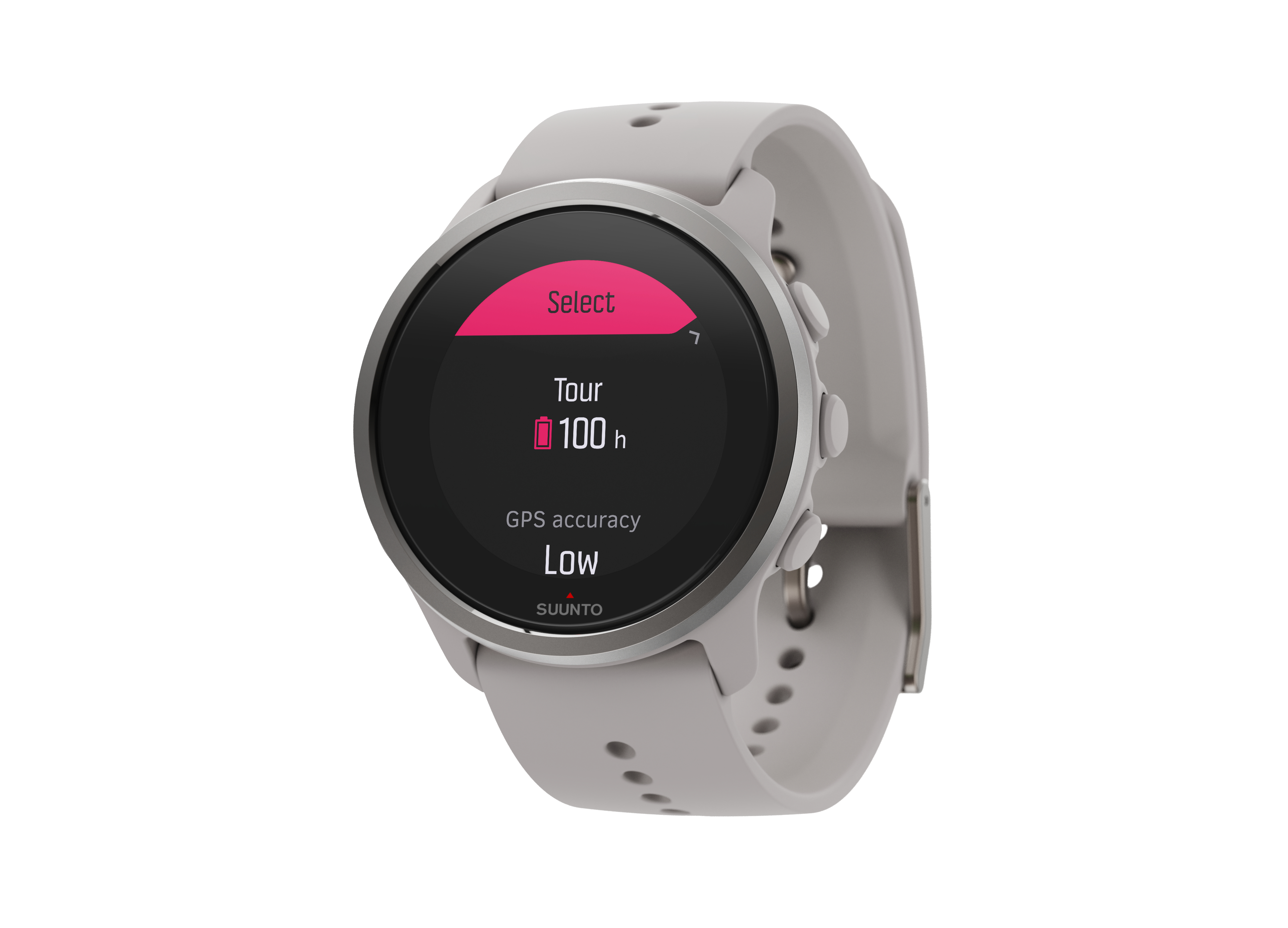 Eine graue Smartwatch mit schwarzem Bildschirm, der Akkulaufzeit und GPS-Genauigkeit zeigt.
