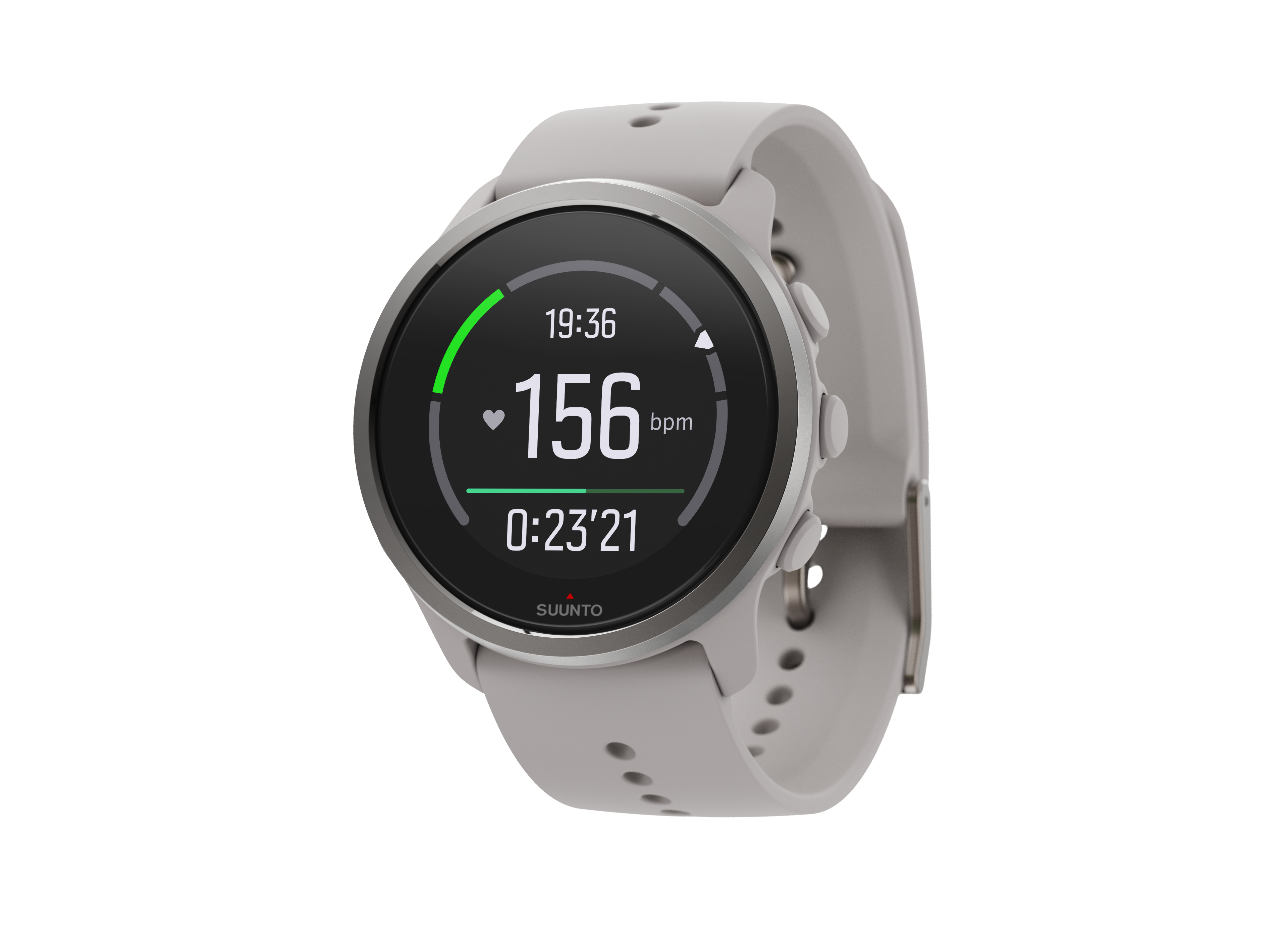 Eine graue Smartwatch, die Zeit, Herzfrequenz und Aktivitätsdauer anzeigt.