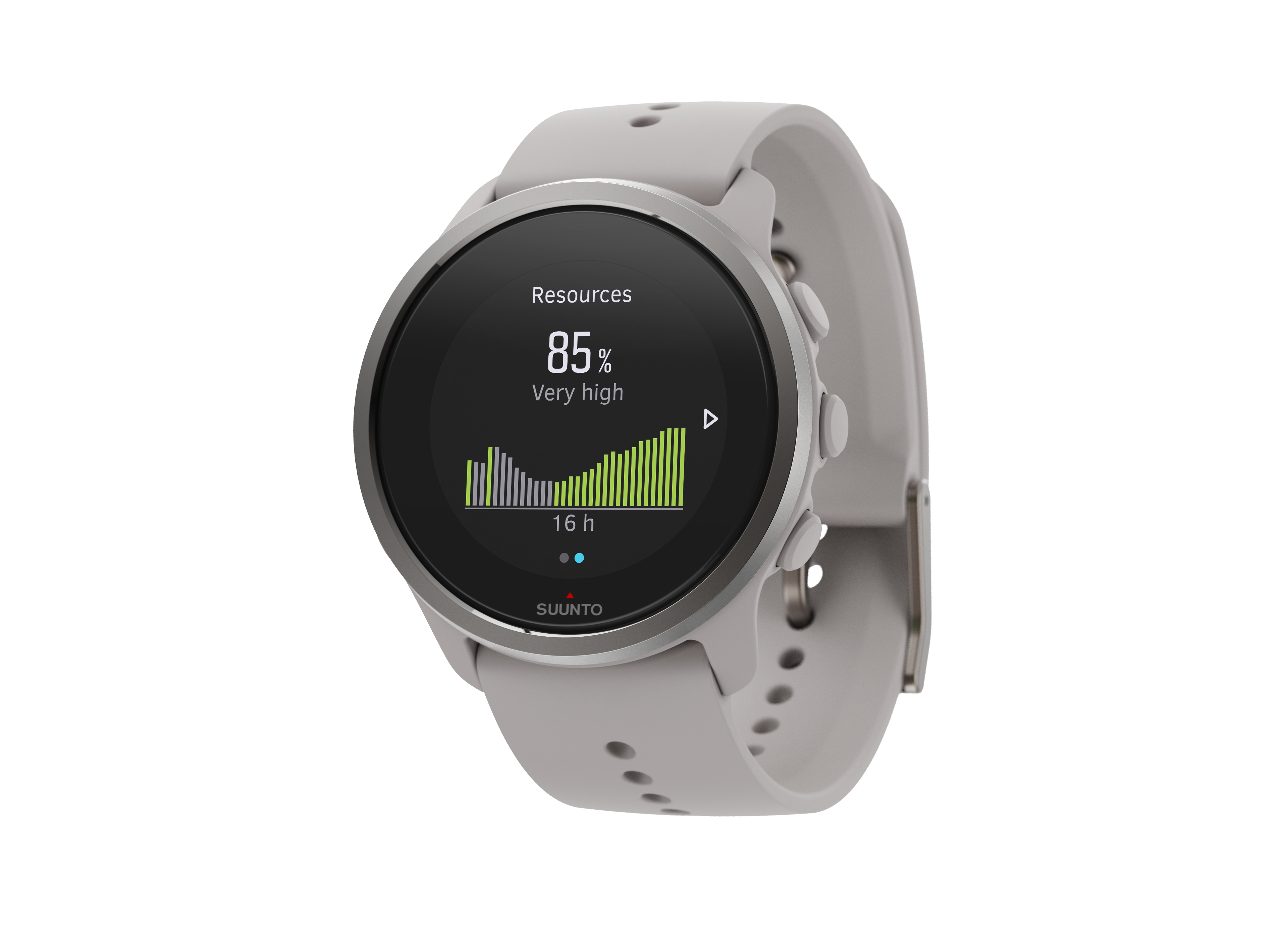 Eine graue Suunto Sportuhr, die Ressourcen mit 85% anzeigt, mit einem grünen Balkendiagramm.