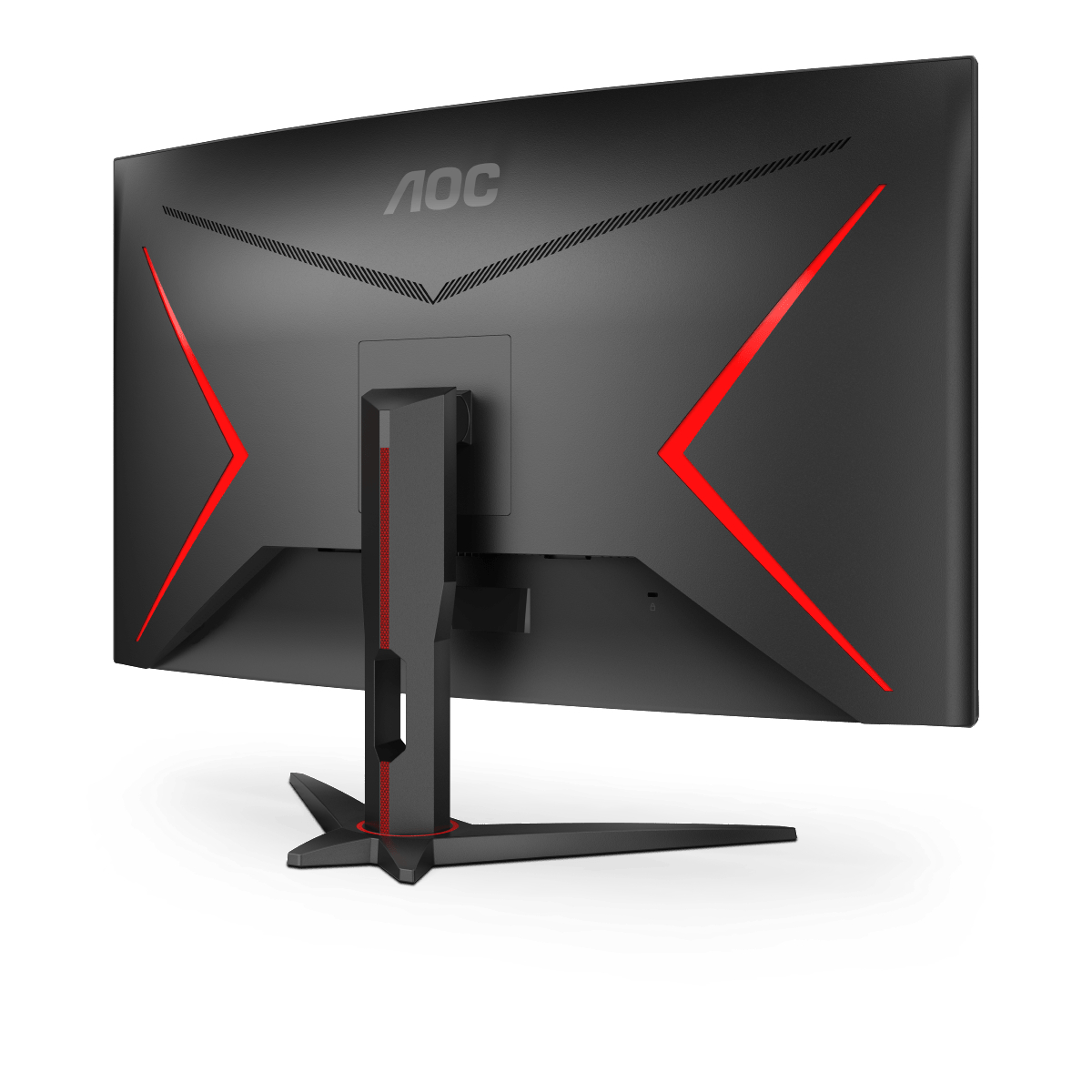 Rückansicht eines schwarzen Computermonitors mit roten Akzenten und einem schwarzen Ständer.