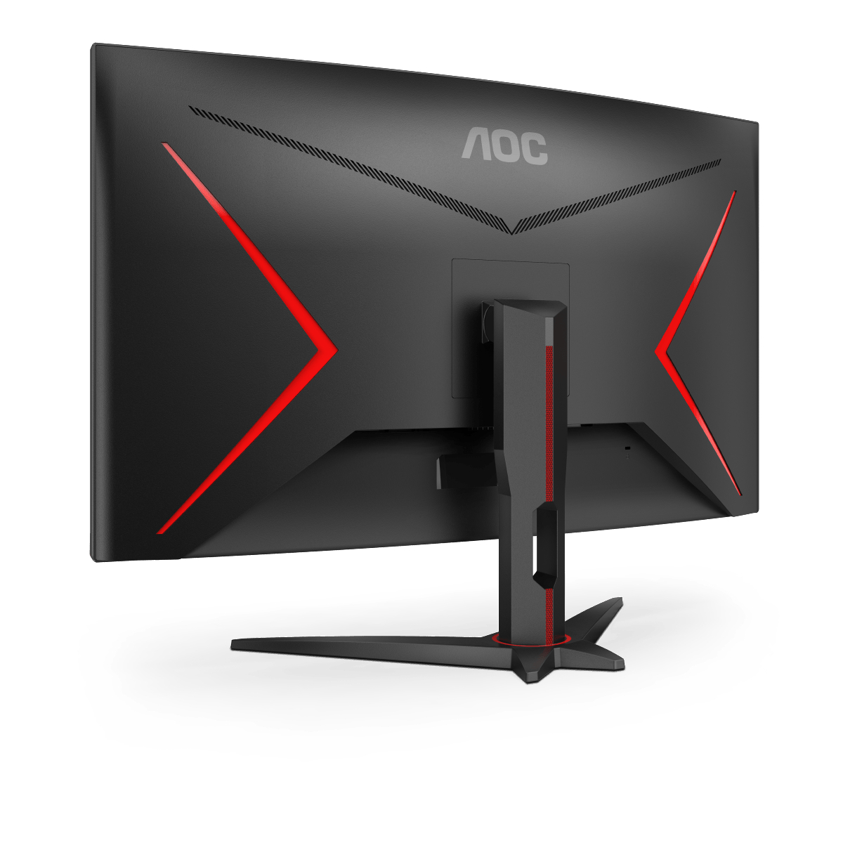 Rückseite eines AOC-Gaming-Monitors. Es hat rote Akzente und einen Ständer.