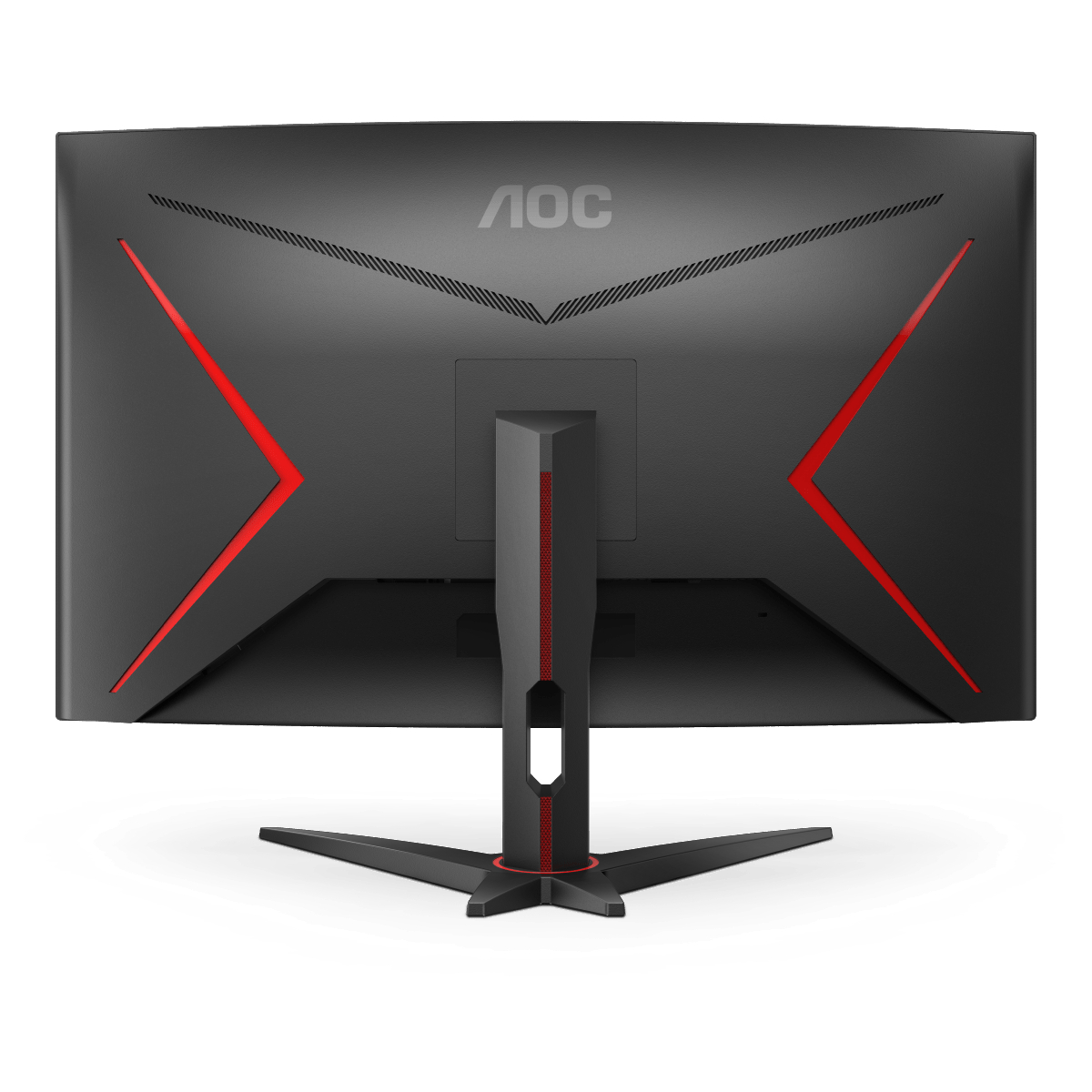 Schwarzer Gaming-Monitor-Rücken. Rote Akzente, AOC-Logo und Ständer.