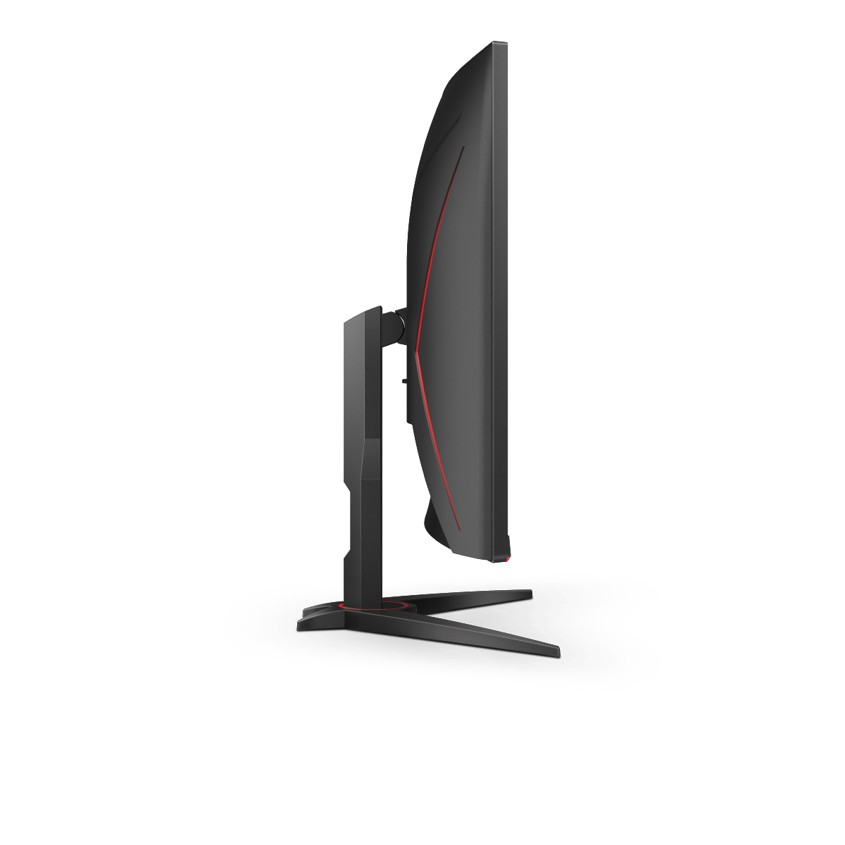 Seitenansicht eines schwarzen Computermonitors mit roten Akzenten, auf weißem Hintergrund.