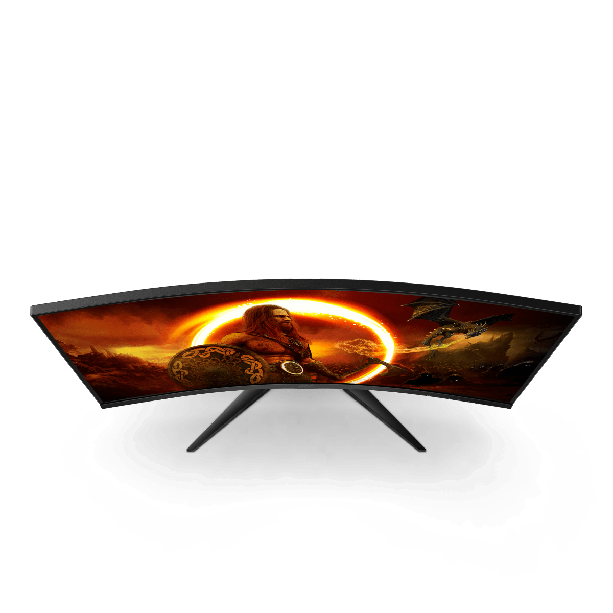 Gebogener Gaming-Monitor. Ein Krieger mit Schild in einer feurigen Szene wird auf dem Bildschirm angezeigt, schwarzer Rahmen.