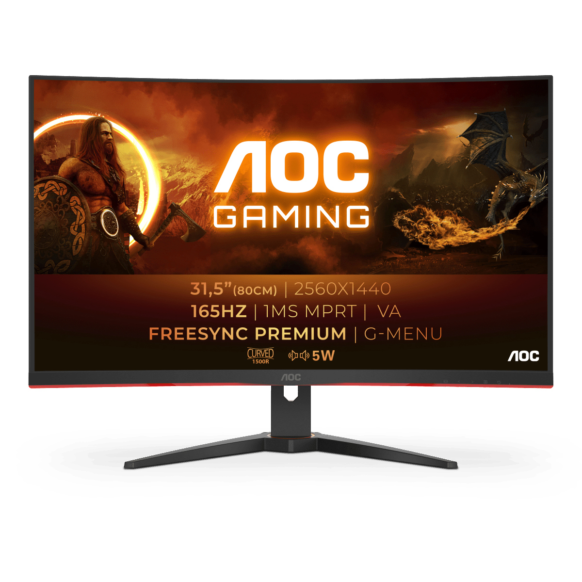 AOC Gaming-Monitor. Ein gebogener Bildschirm mit einem Wikinger und einer Drachengrafik.