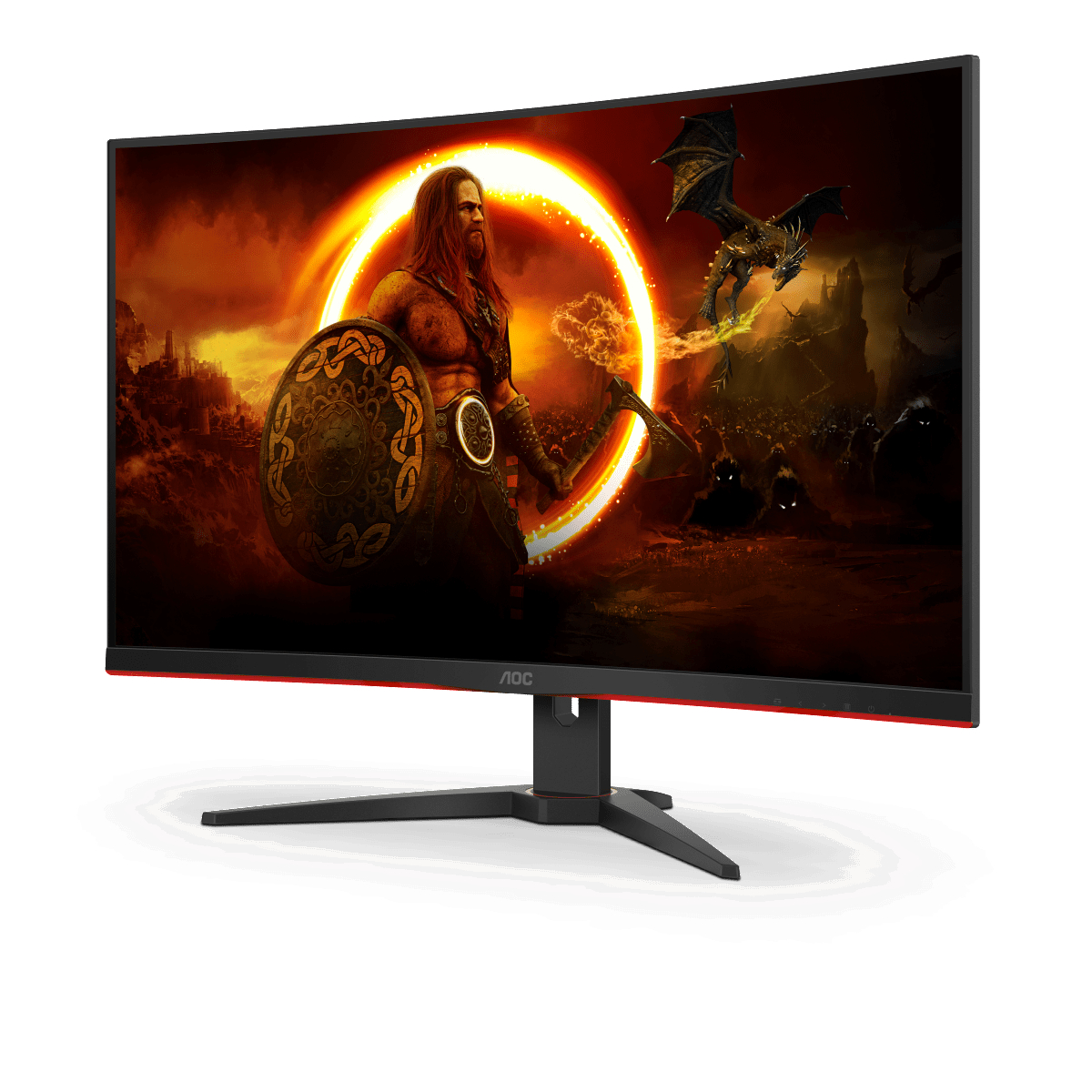 Gebogener Gaming-Monitor mit einer Fantasy-Szene mit Krieger und Drachen.