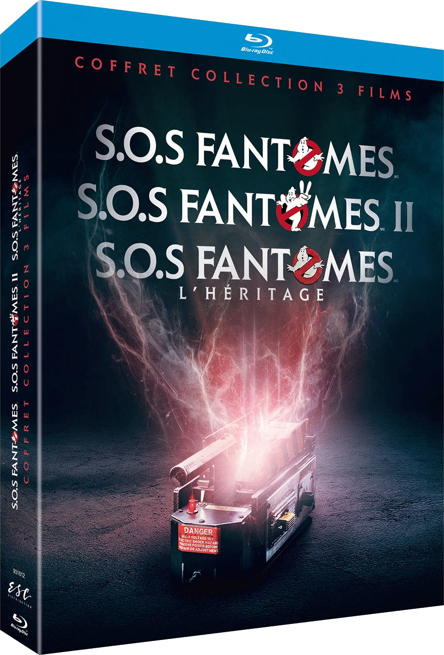 Coffret Blu-ray des films Ghostbusters. Graphique et titres du pack à protons visibles.