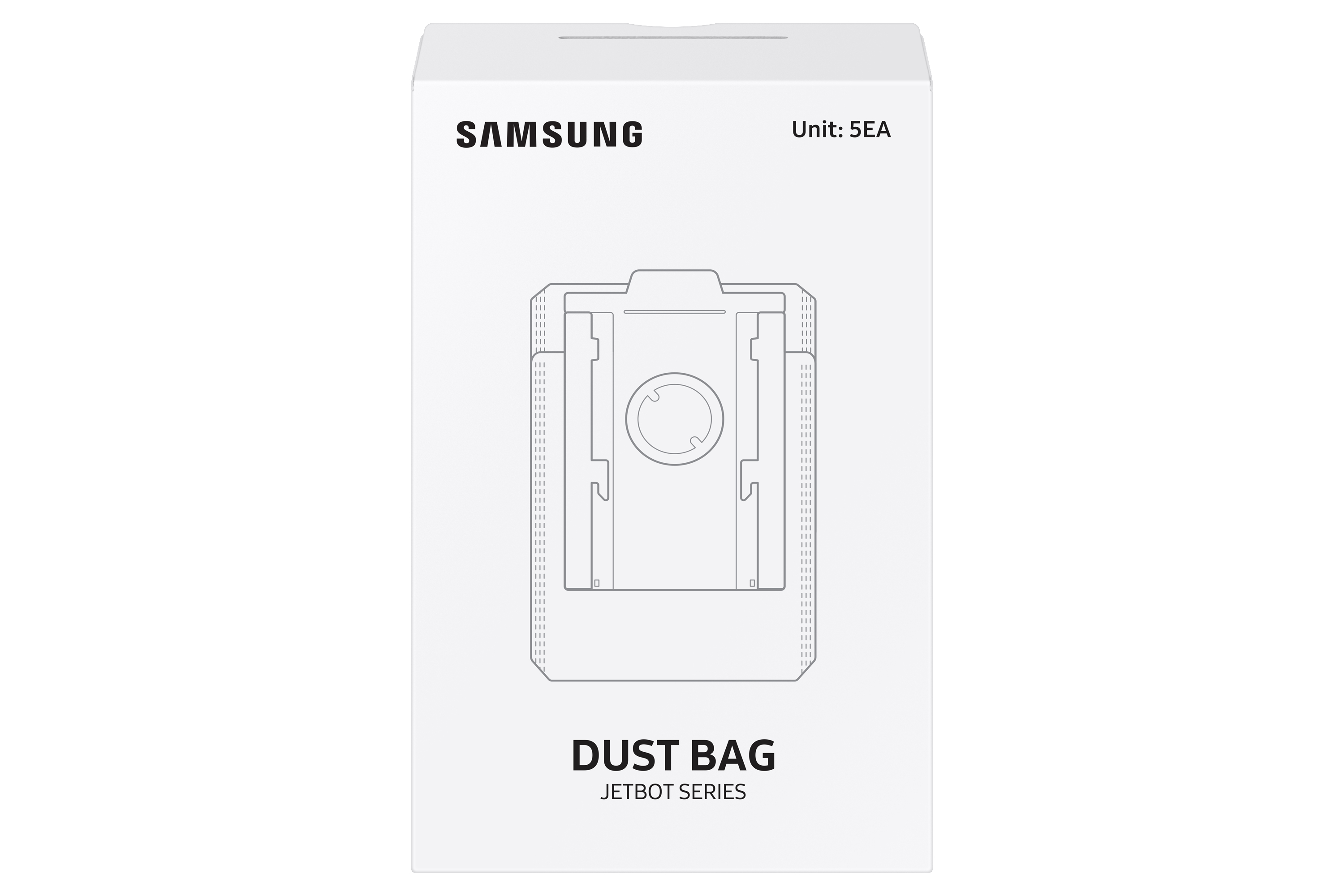 Eine weiße Schachtel mit Samsung Staubsaugerbeuteln, mit Samsung Logo und Produktbeschreibung.