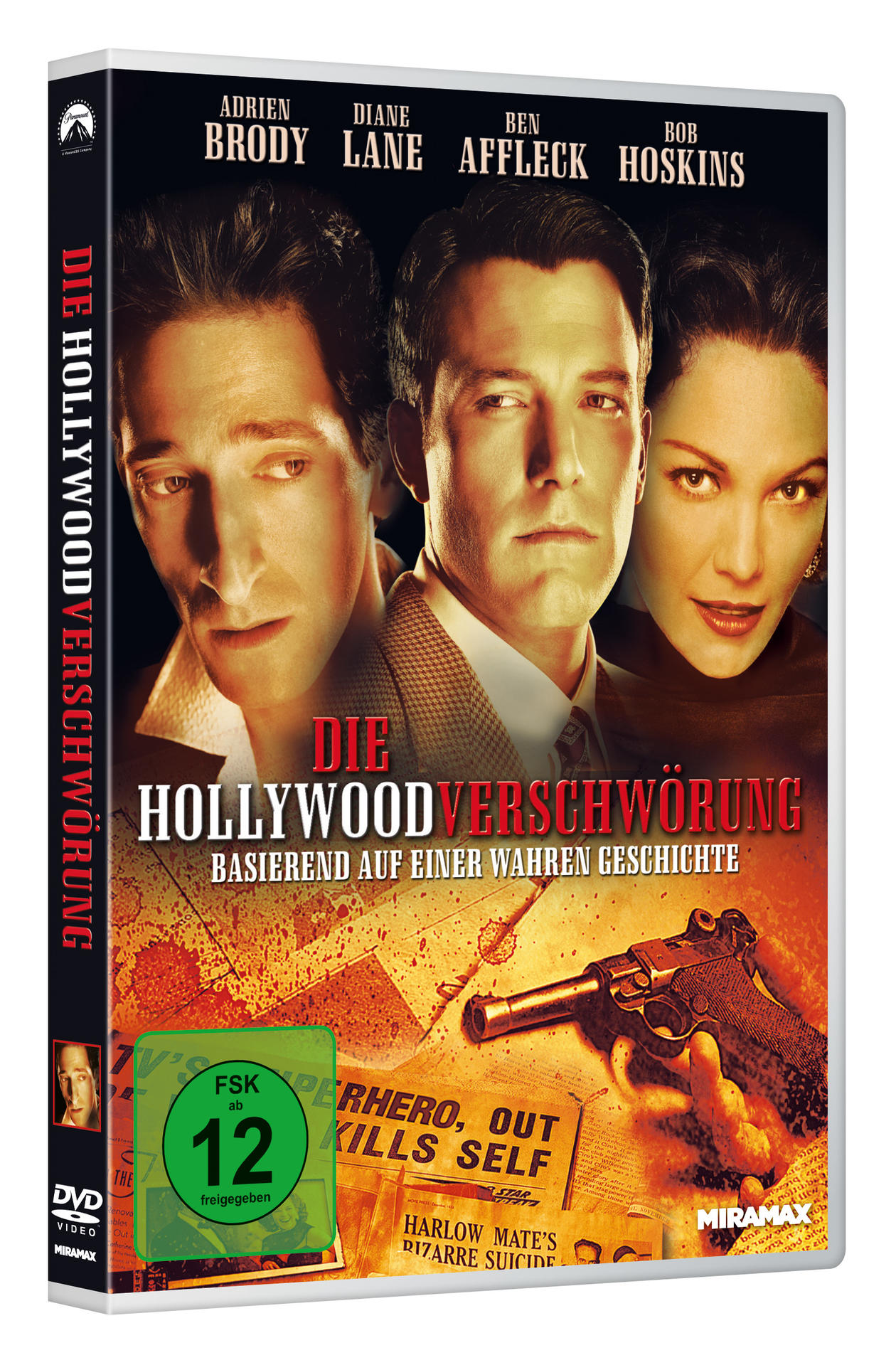 DVD-Cover von 'Die Hollywood Verschwörung' mit Schauspielern und einer Pistole.