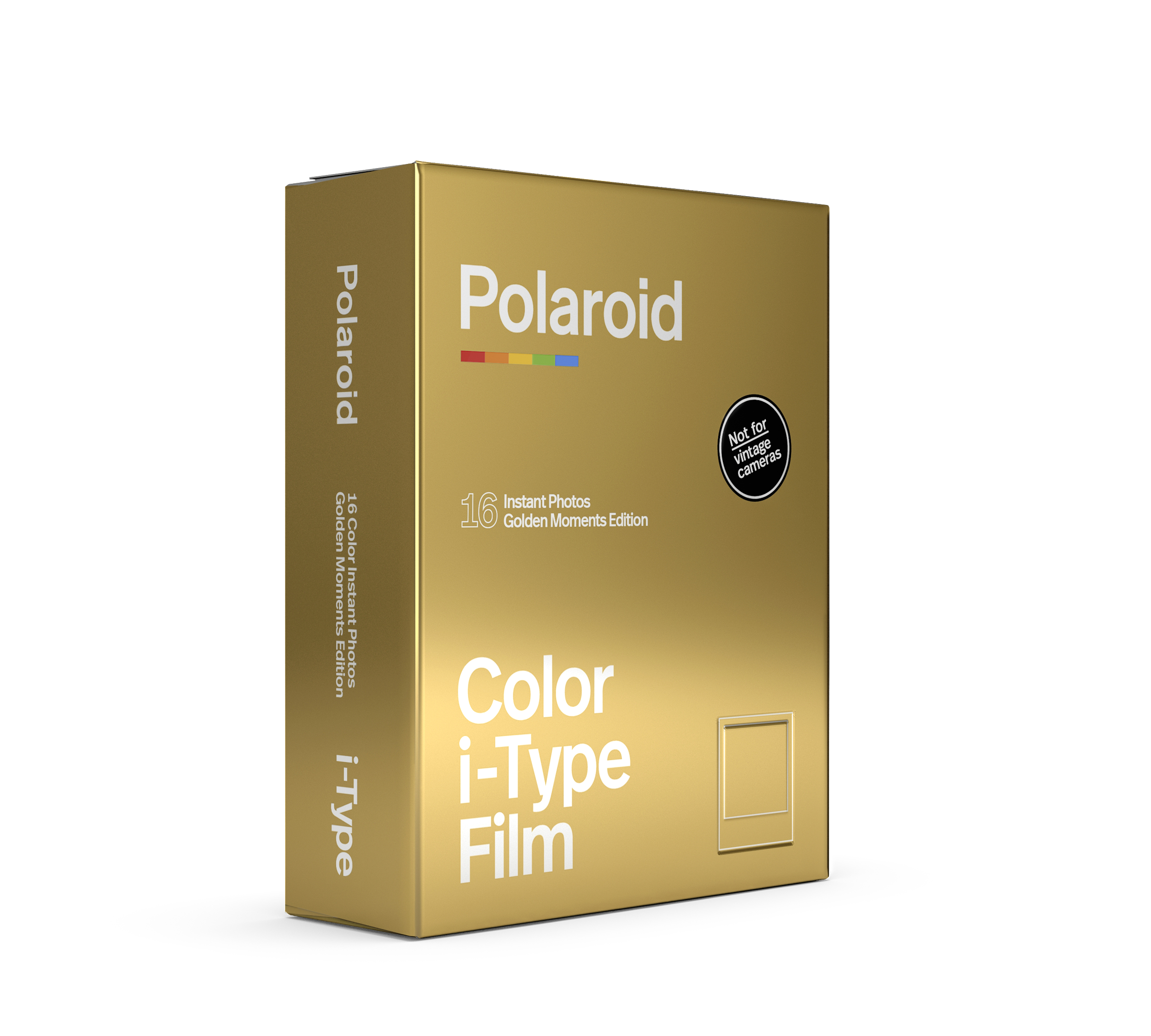 Goldene Polaroid i-Type Filmbox. Sie hat das Polaroid-Logo und Text über den Film.