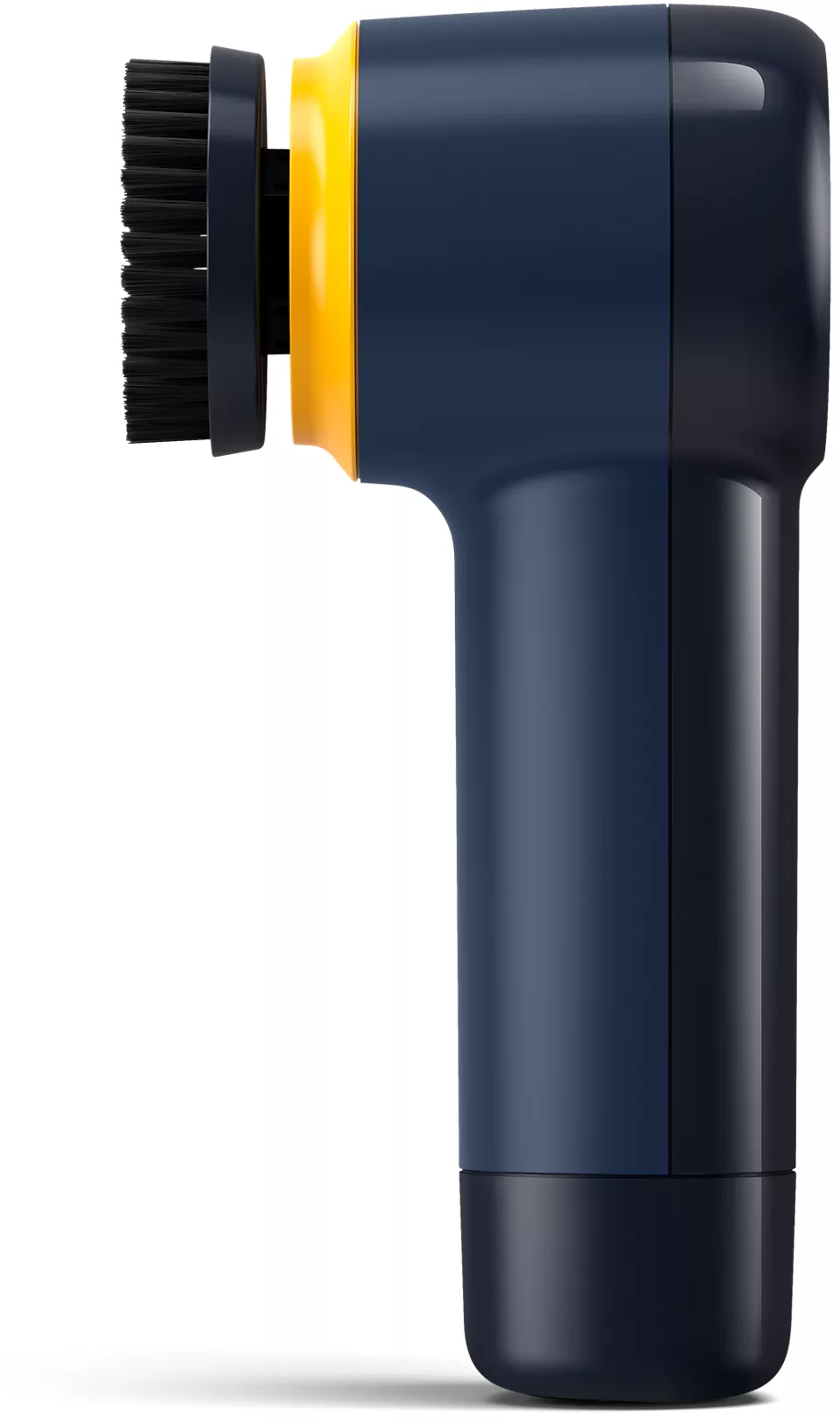 Cirage électrique, bleu marine et jaune, vue latérale, avec une brosse.