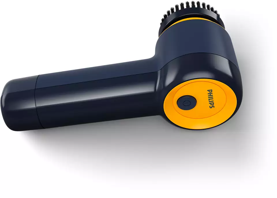 Un cirage électrique noir et bleu marine avec un bouton d'alimentation orange.