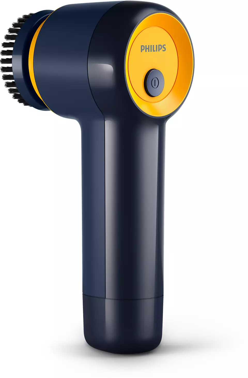 Une brosse de nettoyage de chaussures électrique Philips bleu foncé et orange, vue de face.