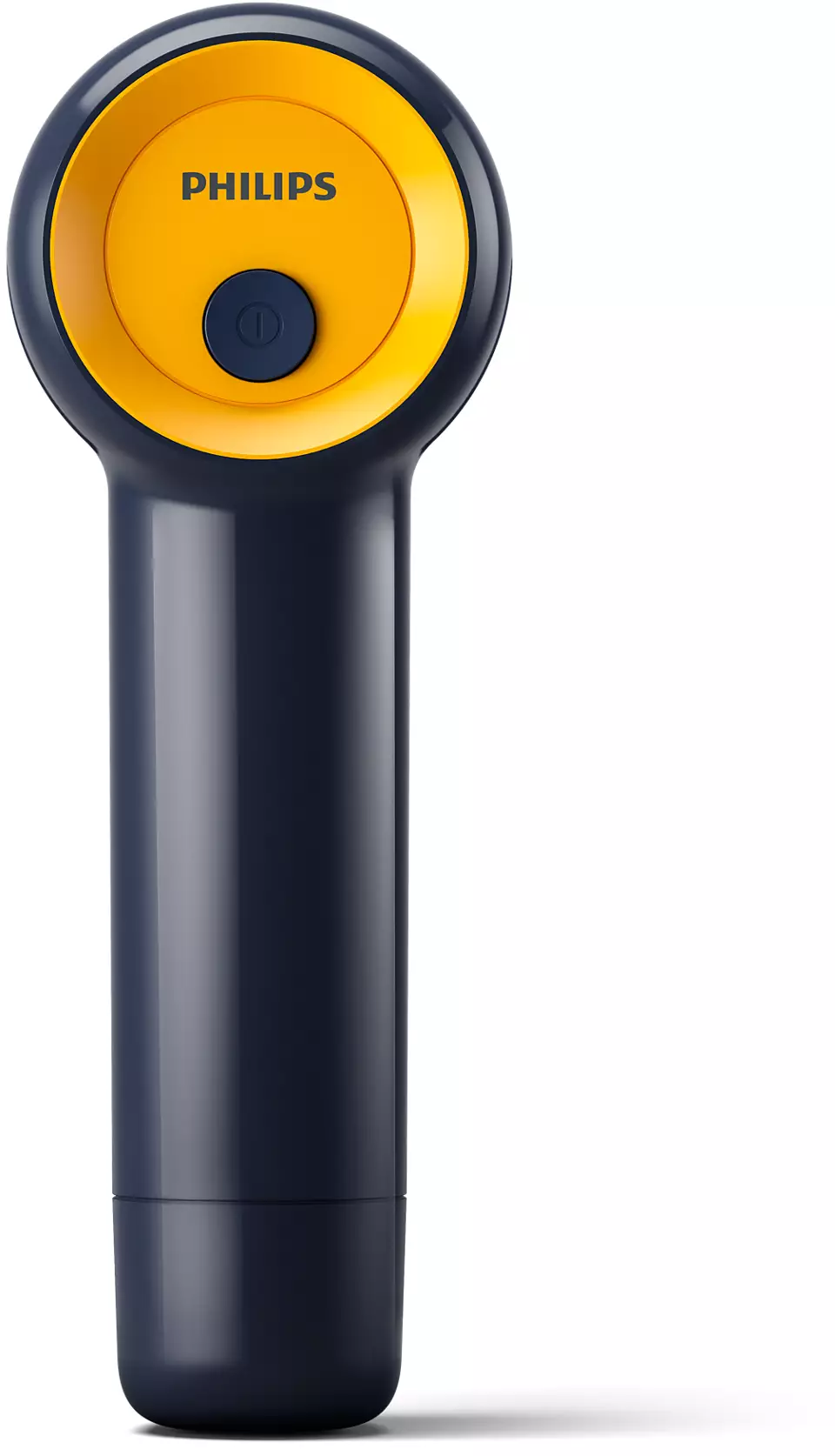 Un appareil Philips bleu foncé et jaune avec un bouton.