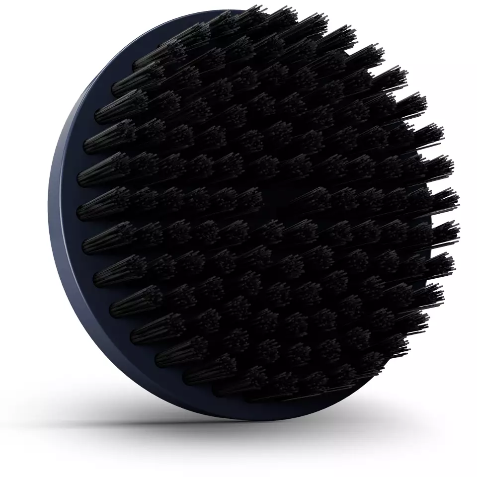 Tête de brosse circulaire avec bord bleu foncé et poils noirs.