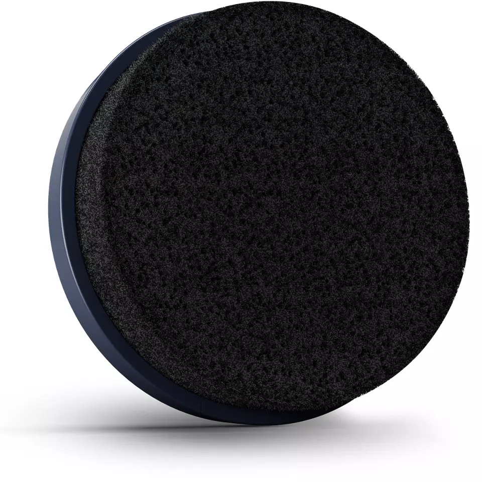 Filtre noir circulaire avec bord bleu foncé, sur fond blanc.