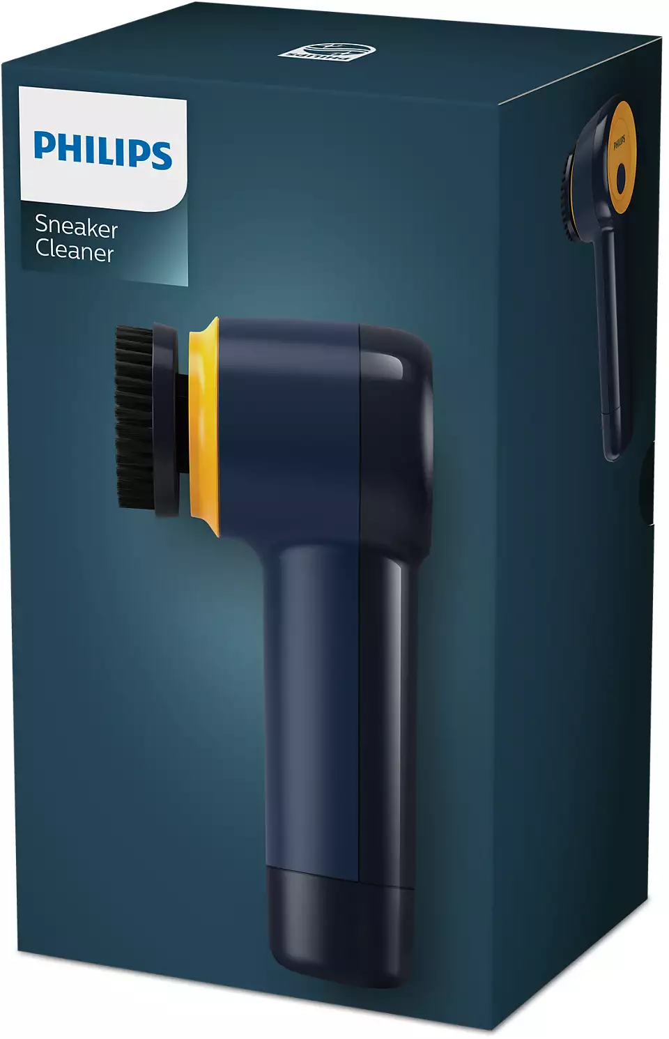 Nettoyeur de baskets Philips en boîte. Le nettoyant est bleu et jaune. Il a une brosse.