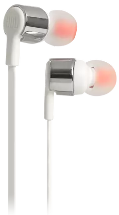 Witte JBL-hoofdtelefoon met zilveren accenten en oranje oordopjes. De kabel is wit.