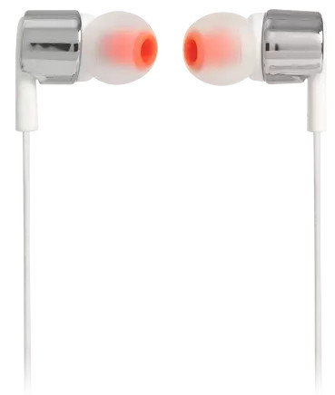 Witte en zilveren in-ear oortelefoons, met oranje oortips.