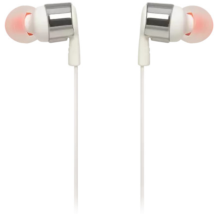 Paar witte oortelefoons met zilveren accenten en oranje uiteinden, verbonden met een witte kabel.