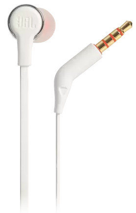 Witte JBL-oordopjes met witte kabel en goudkleurige stekker.