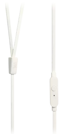 Witte hoofdtelefoonkabel, met een bedieningsknop en een connector, op een witte achtergrond.