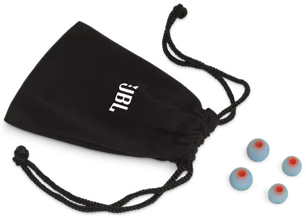 Zwarte JBL oordopjeshoes met oordopjes. Hoes open, oordopjes blauw met rode punten.