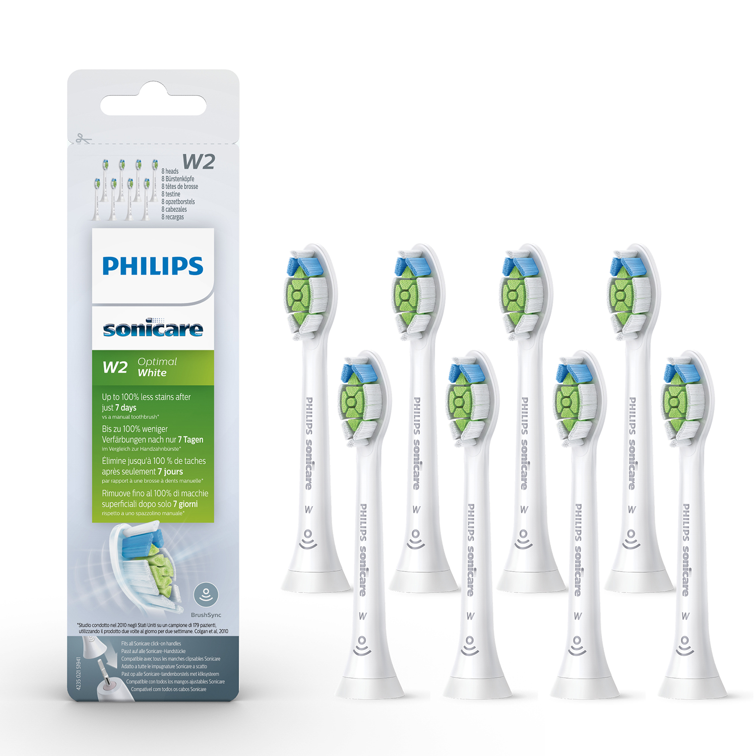 A pack of Philips Sonicare W2 Optimal White toothbrush heads, with several heads visible.