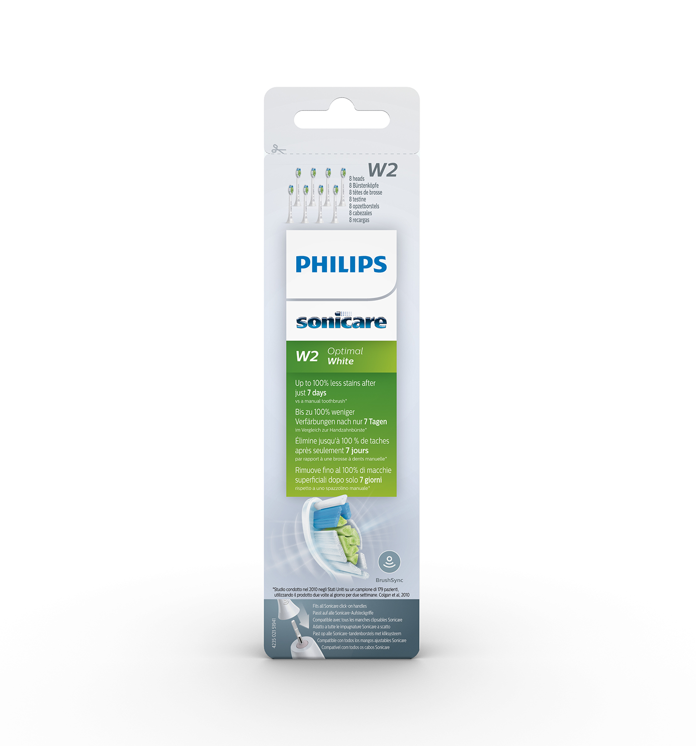 A Philips Sonicare W2 White toothbrush heads package.