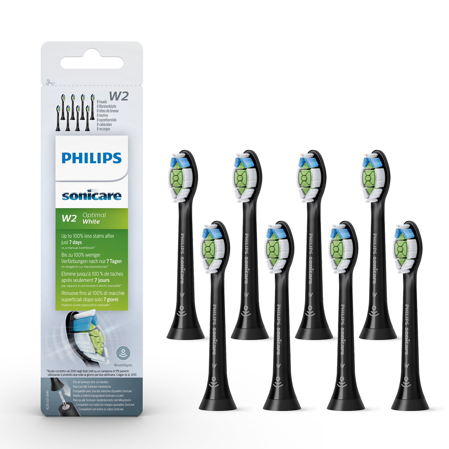 Set of Philips Sonicare W2 white toothbrush heads. Black brush and green bristles.