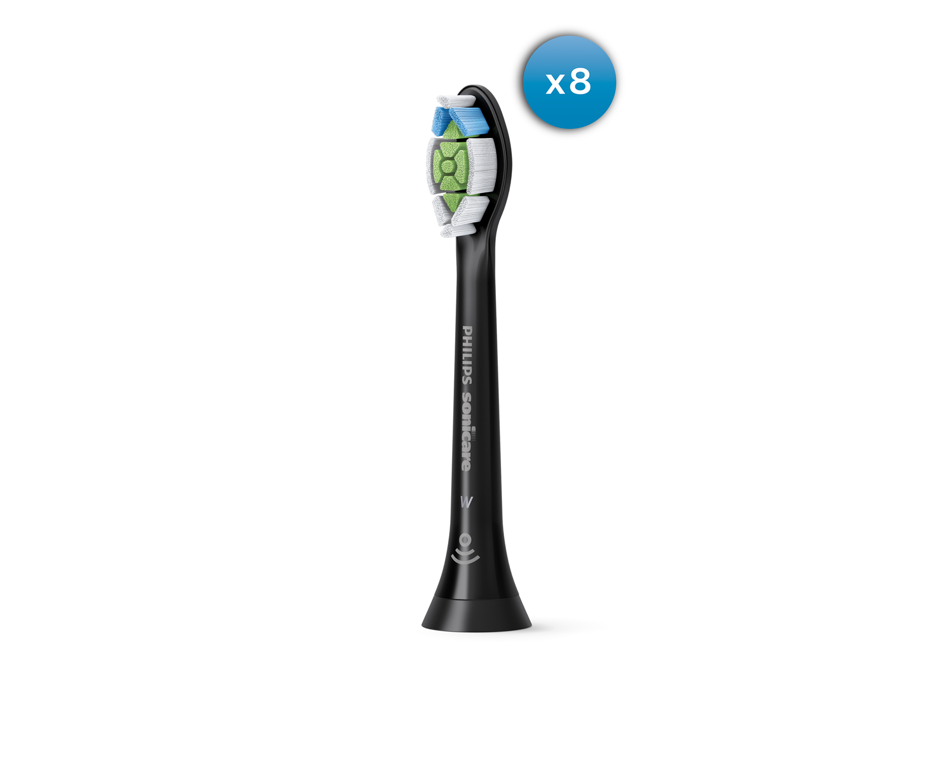 Philips Sonicare toothbrush head with blue and green bristles, with an x8 symbol.