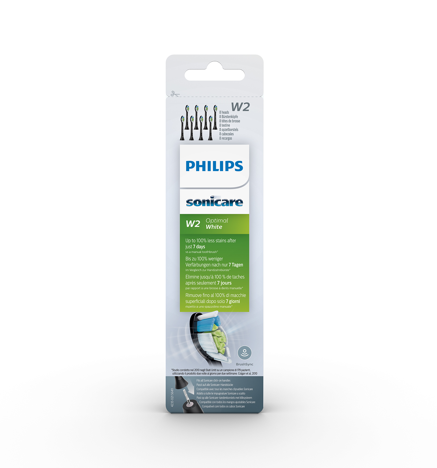 Philips Sonicare W2 White toothbrush head packaging. White and green with product details.