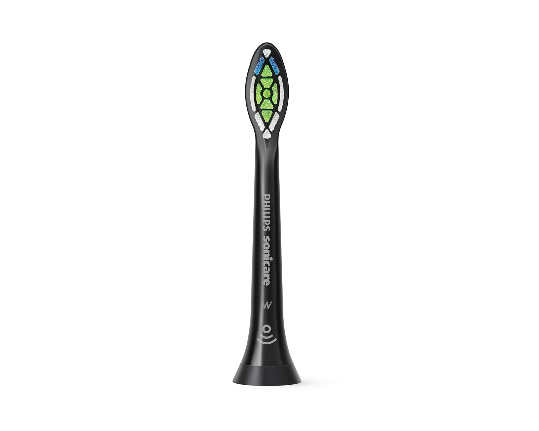 Black Philips Sonicare toothbrush head with green, blue, and white bristles.