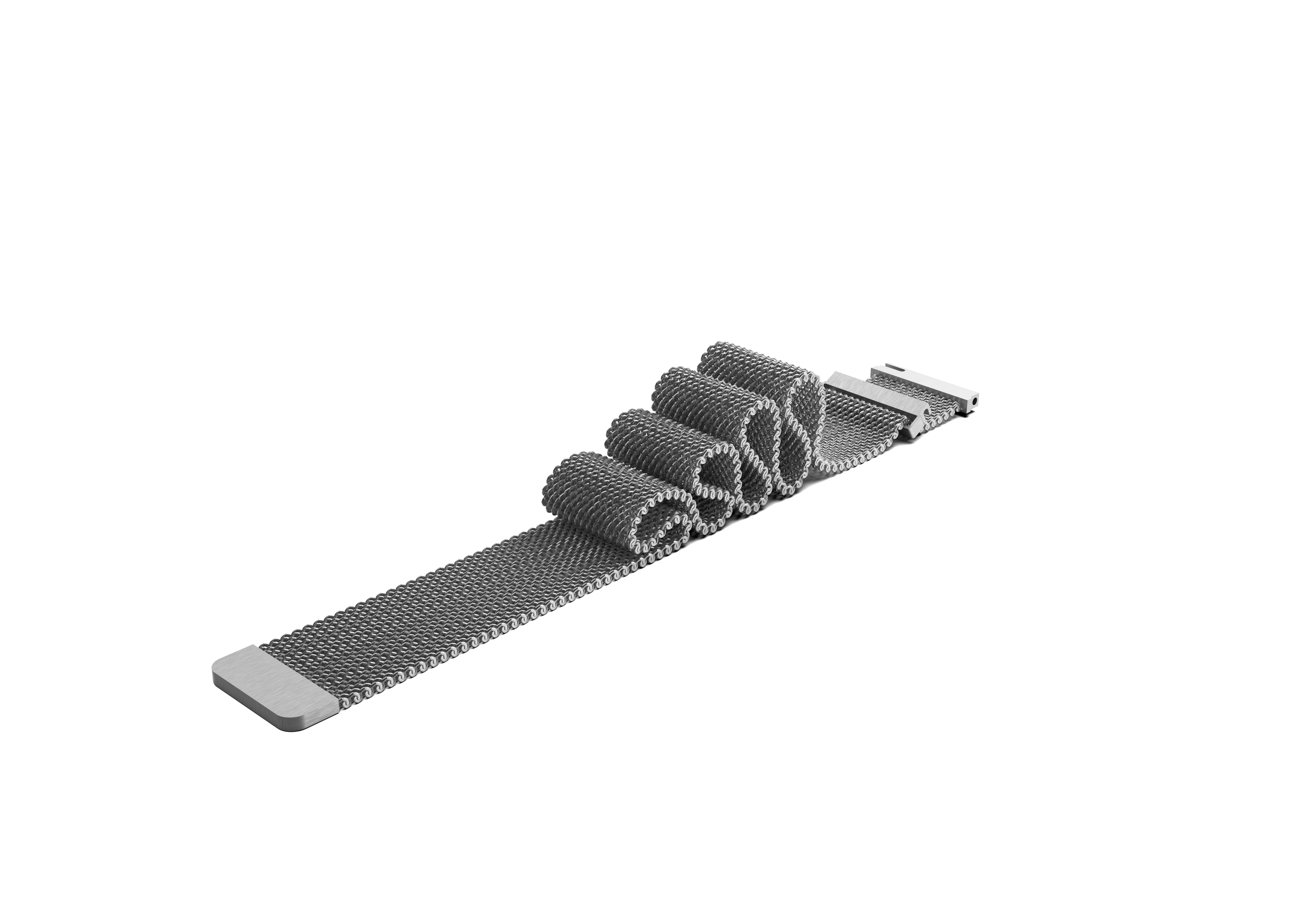 Ein aufgerolltes Edelstahl-Uhrenarmband mit Silberton und weißem Hintergrund.